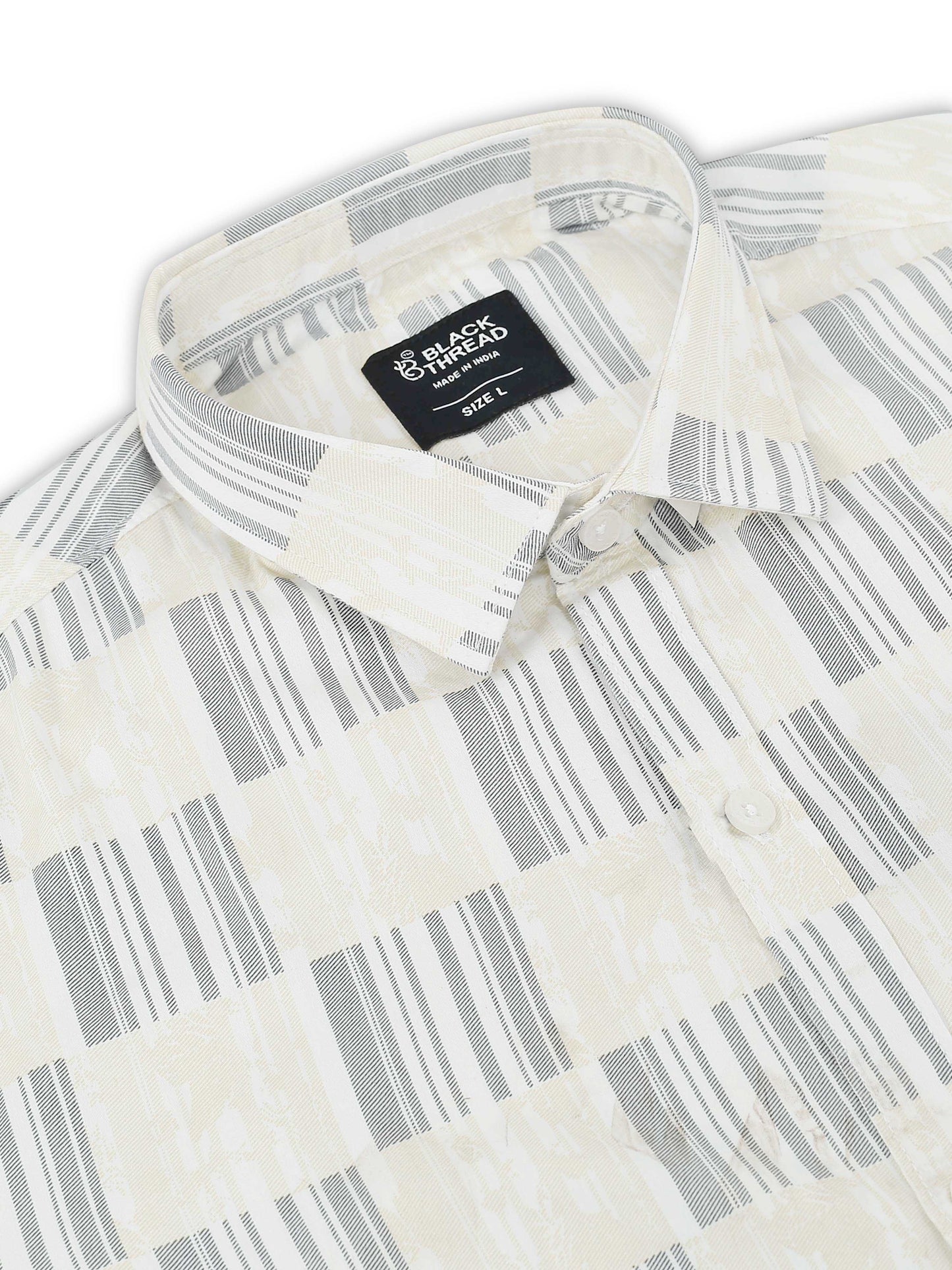 Men’s White & Grey Block Printed Cotton Shirt by Black Thread