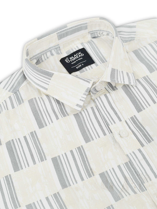 Men’s White & Grey Block Printed Cotton Shirt by Black Thread
