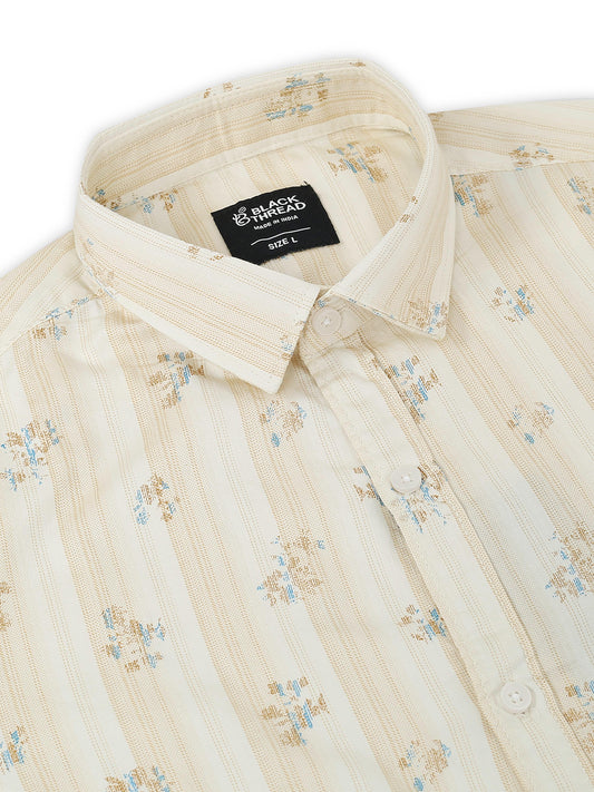 Men’s Cream &amp; Beige Printed Cotton Shirt