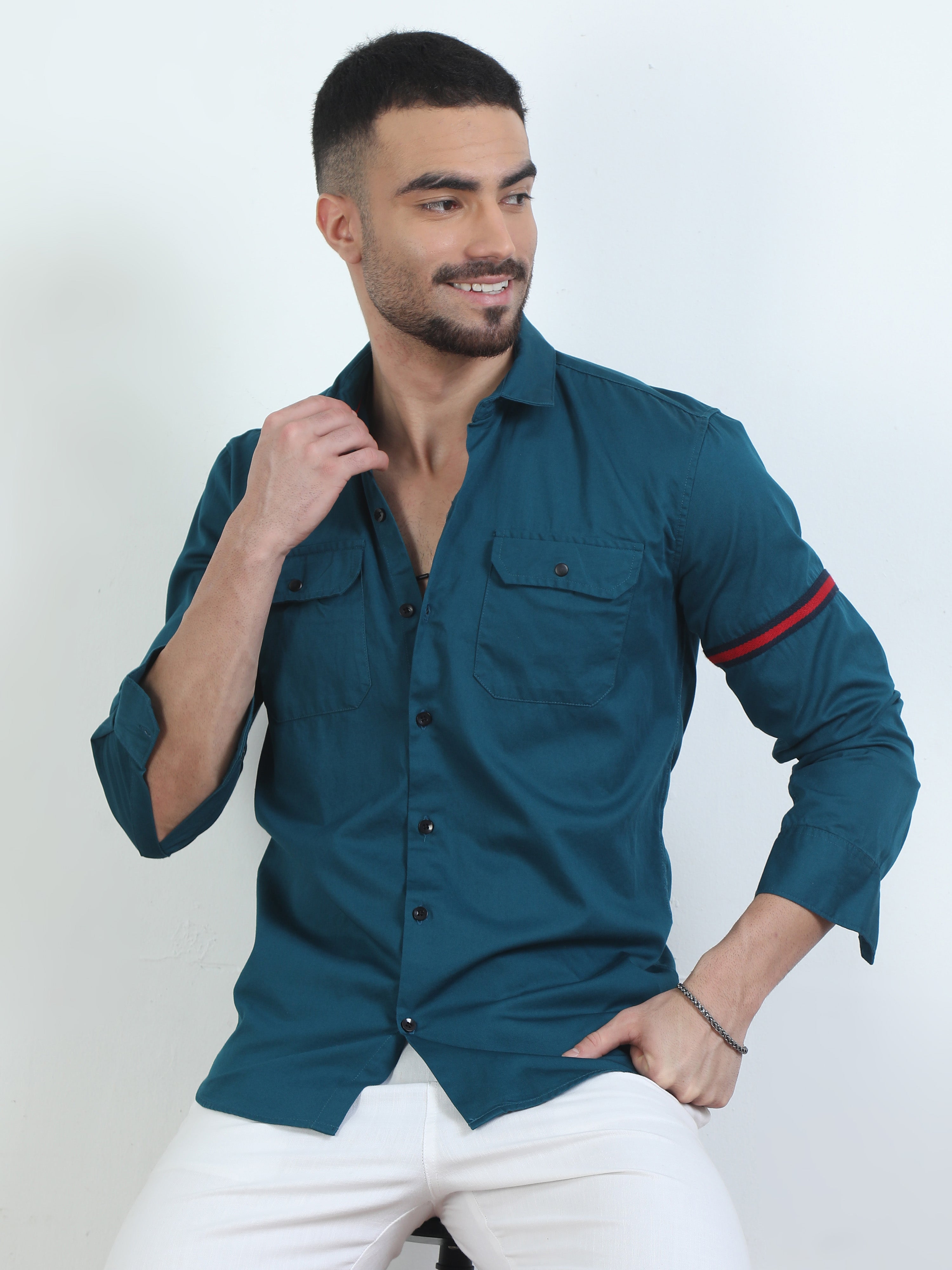 トップス baloriginal DOUBLE BUTTON SHIRT BLUE Buy Sleeve Strap Double Pocket Blue Solid Shirt For Men
