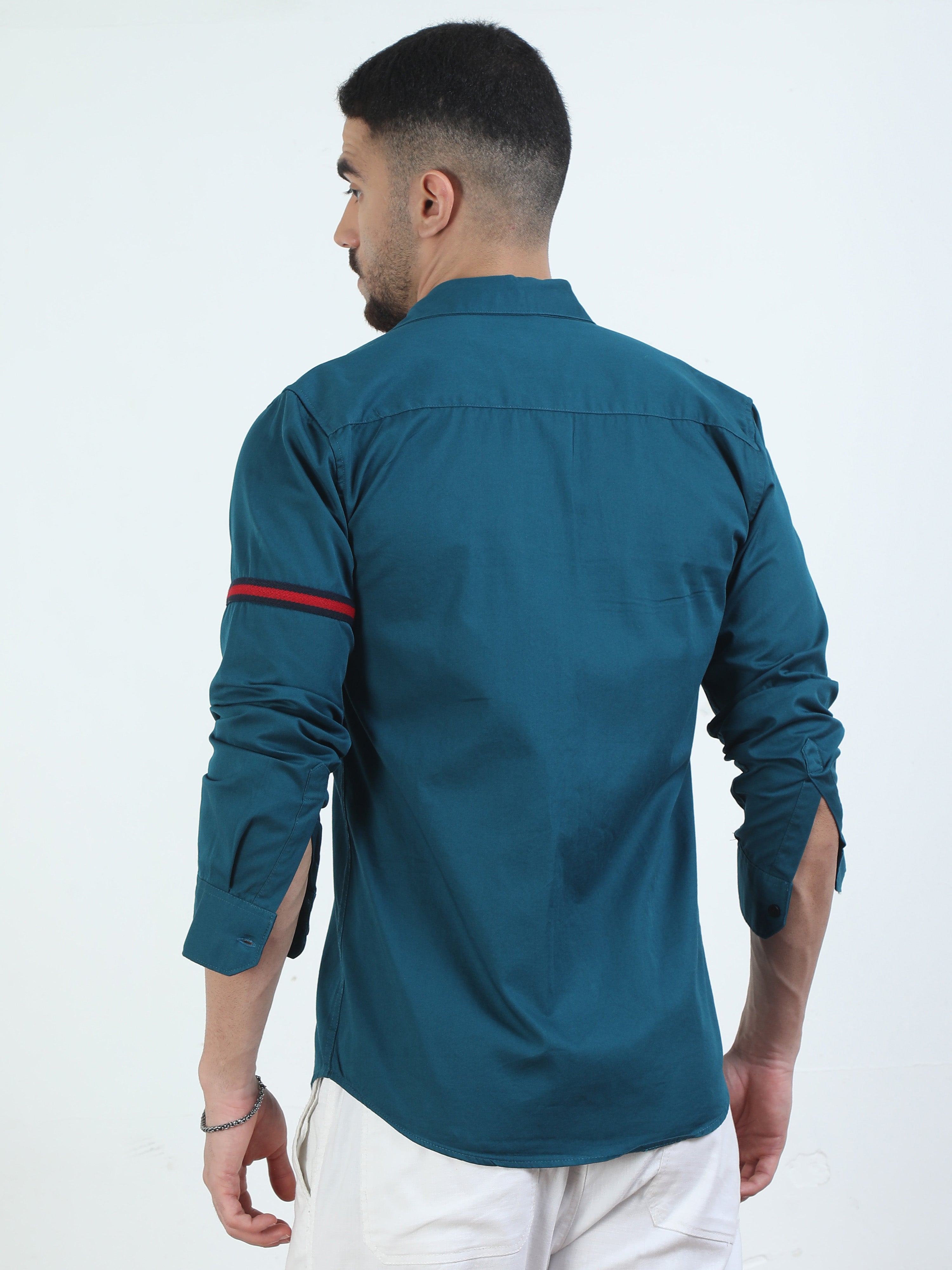 Buy Sleeve Strap Double Pocket Blue Solid Shirt For Men