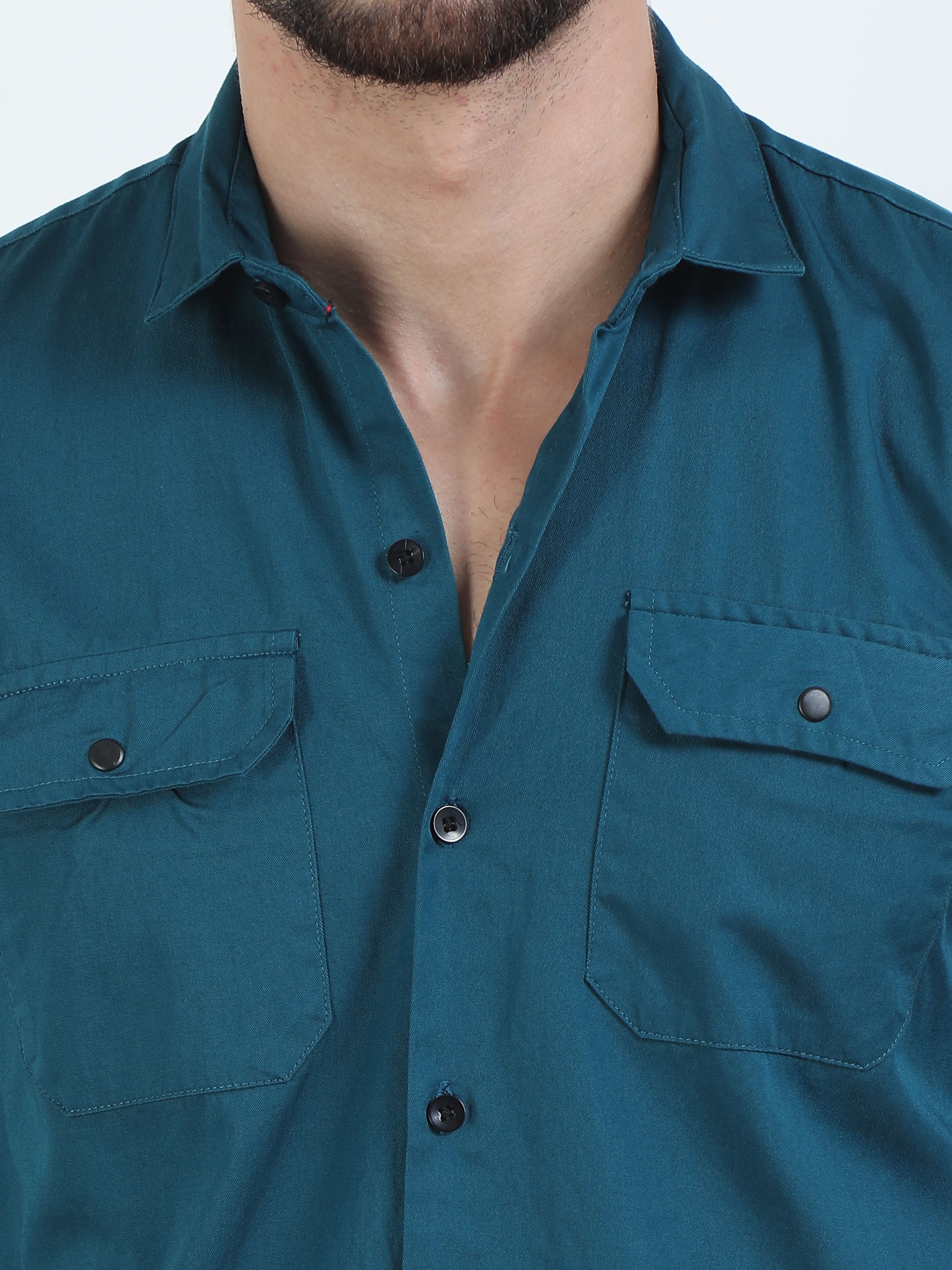 Buy Sleeve Strap Double Pocket Blue Solid Shirt For Men