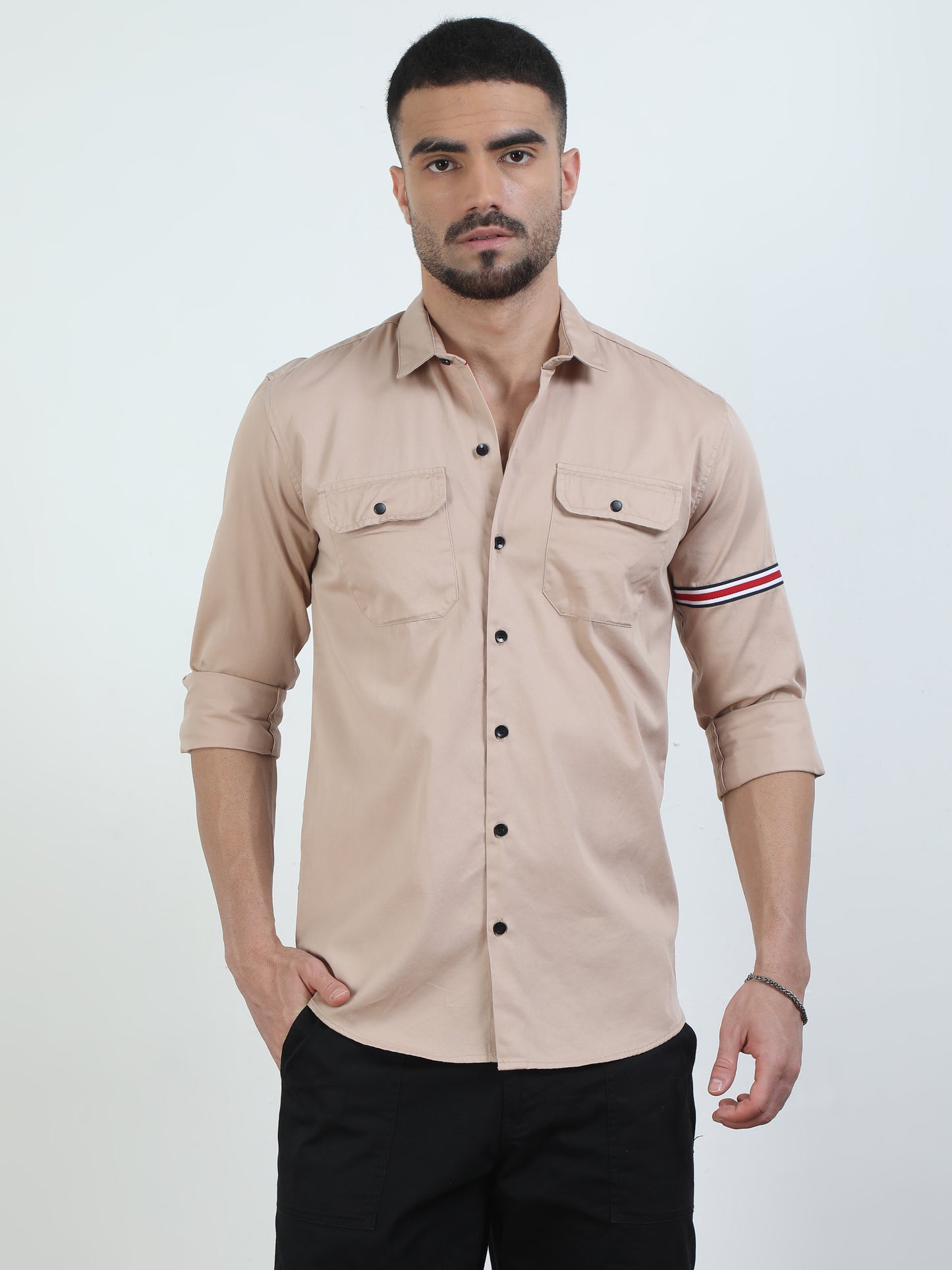 Sleeve Strap Double Pocket Beige Solid Shirt M