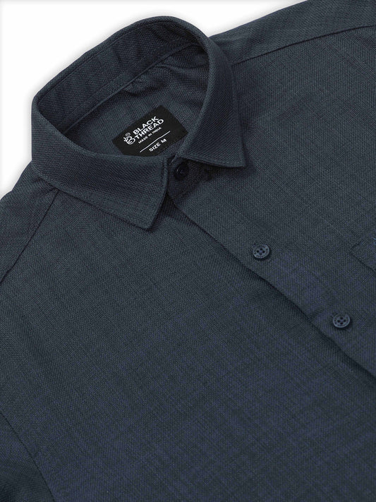 Men’s Navy Blue Pure Linen Shirt by Black Thread