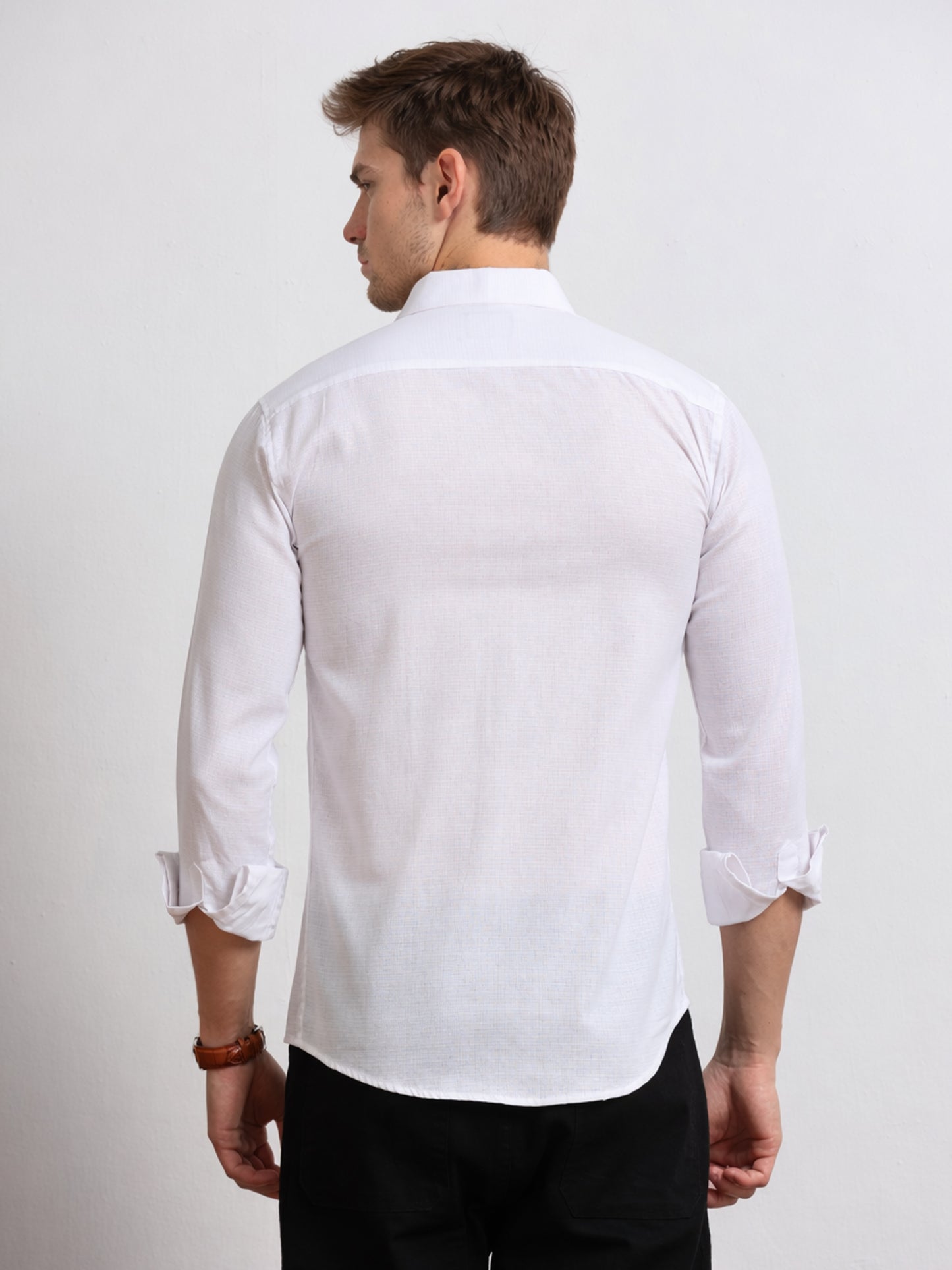 Men's Linen White Rose Stem Embroidery