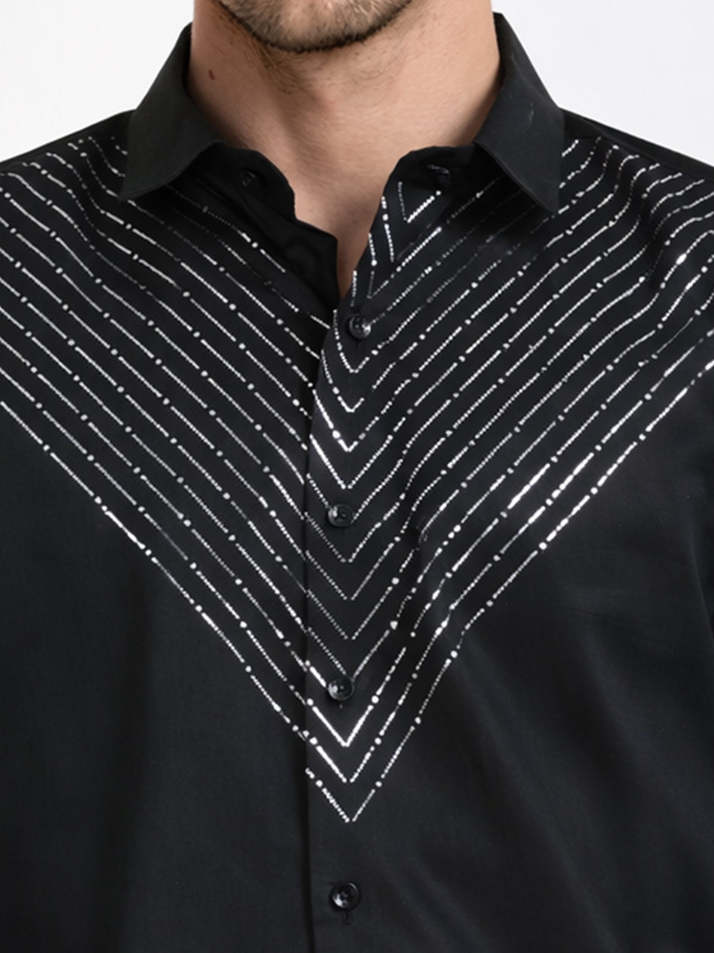 Men's Black Silver V-Stripe Stone Work