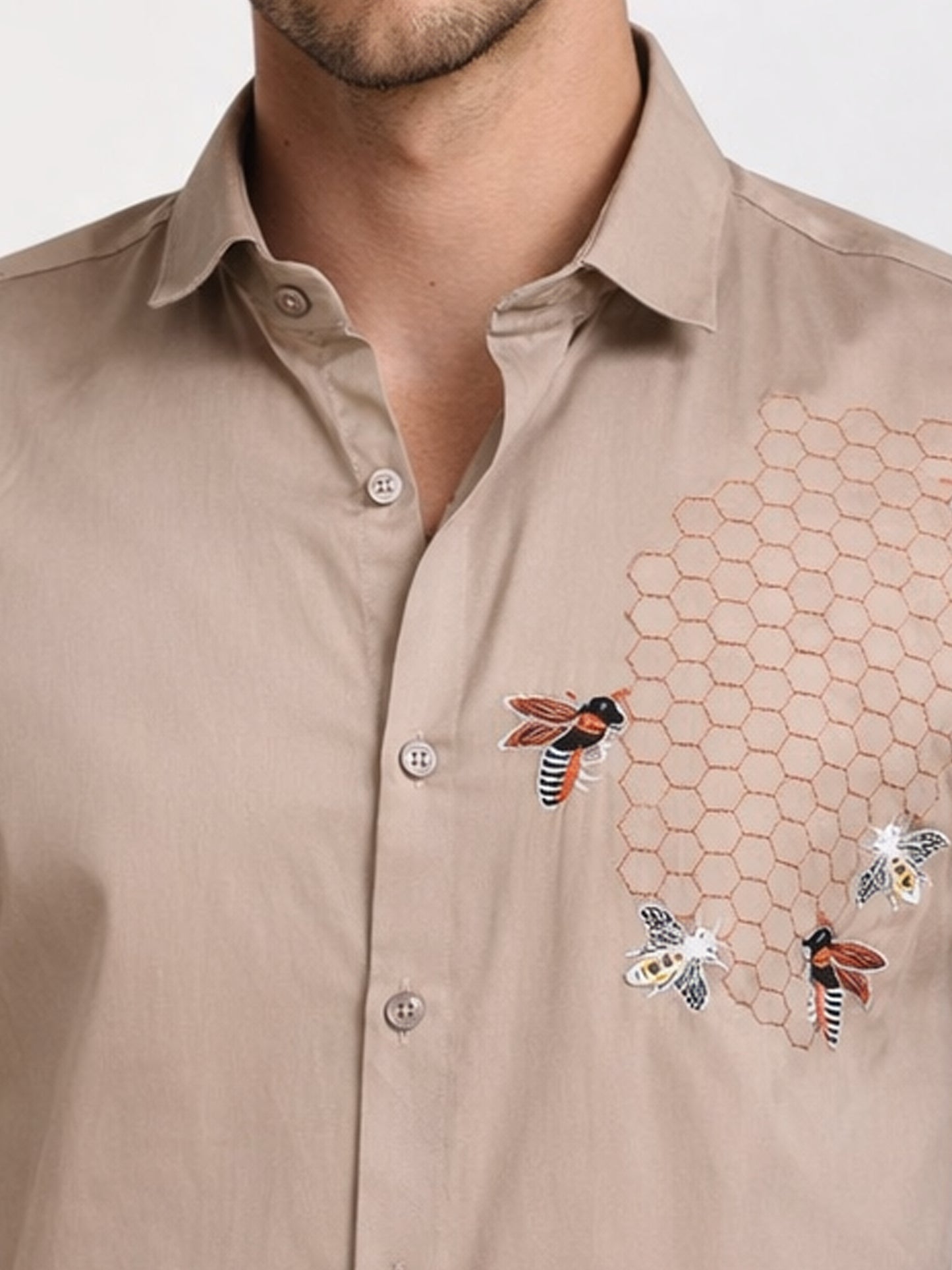 Men's Khaki Bee Embroidery