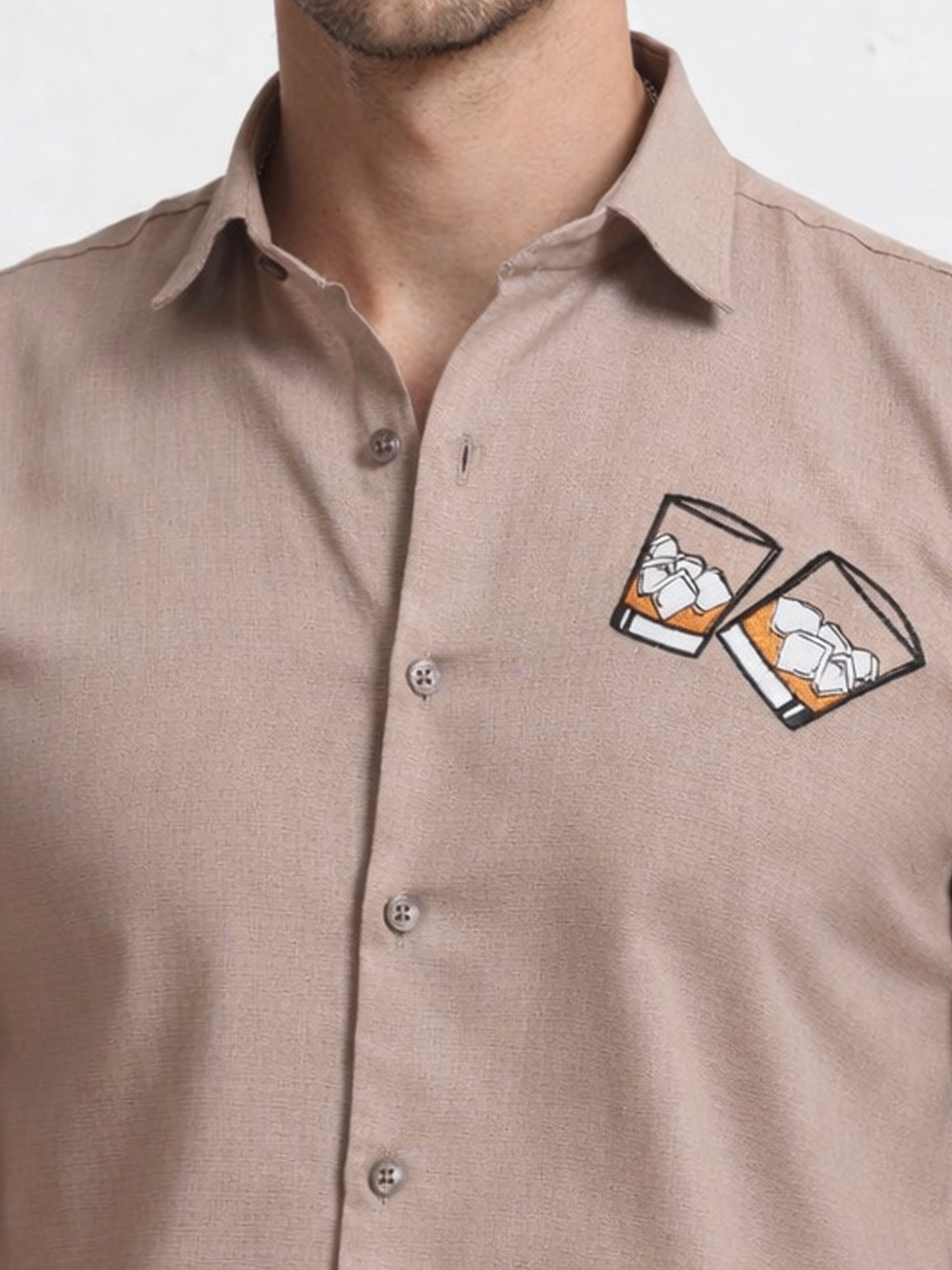 Men's Linen Beige Whiskey Glass Embroidery