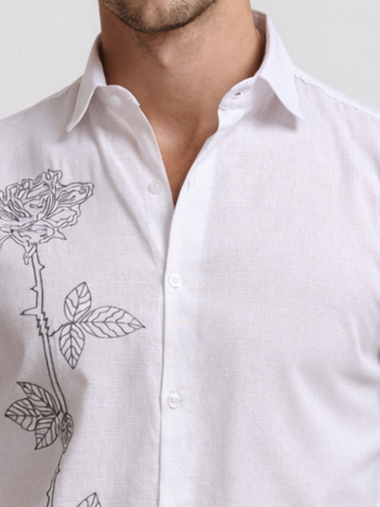 Men's Linen White Rose Stem Embroidery