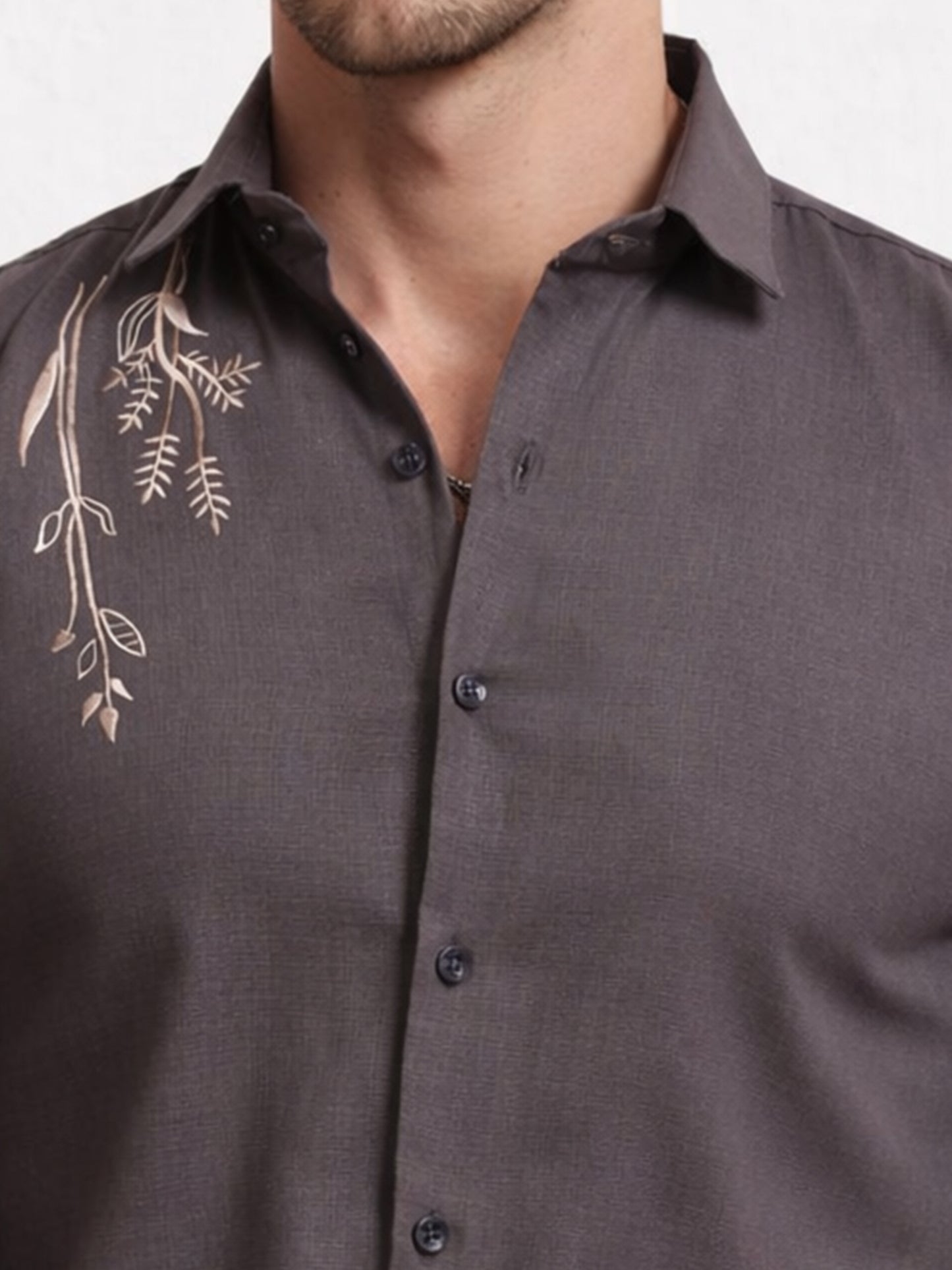 Men's Linen Charcoal Grey Botanical Embroidery
