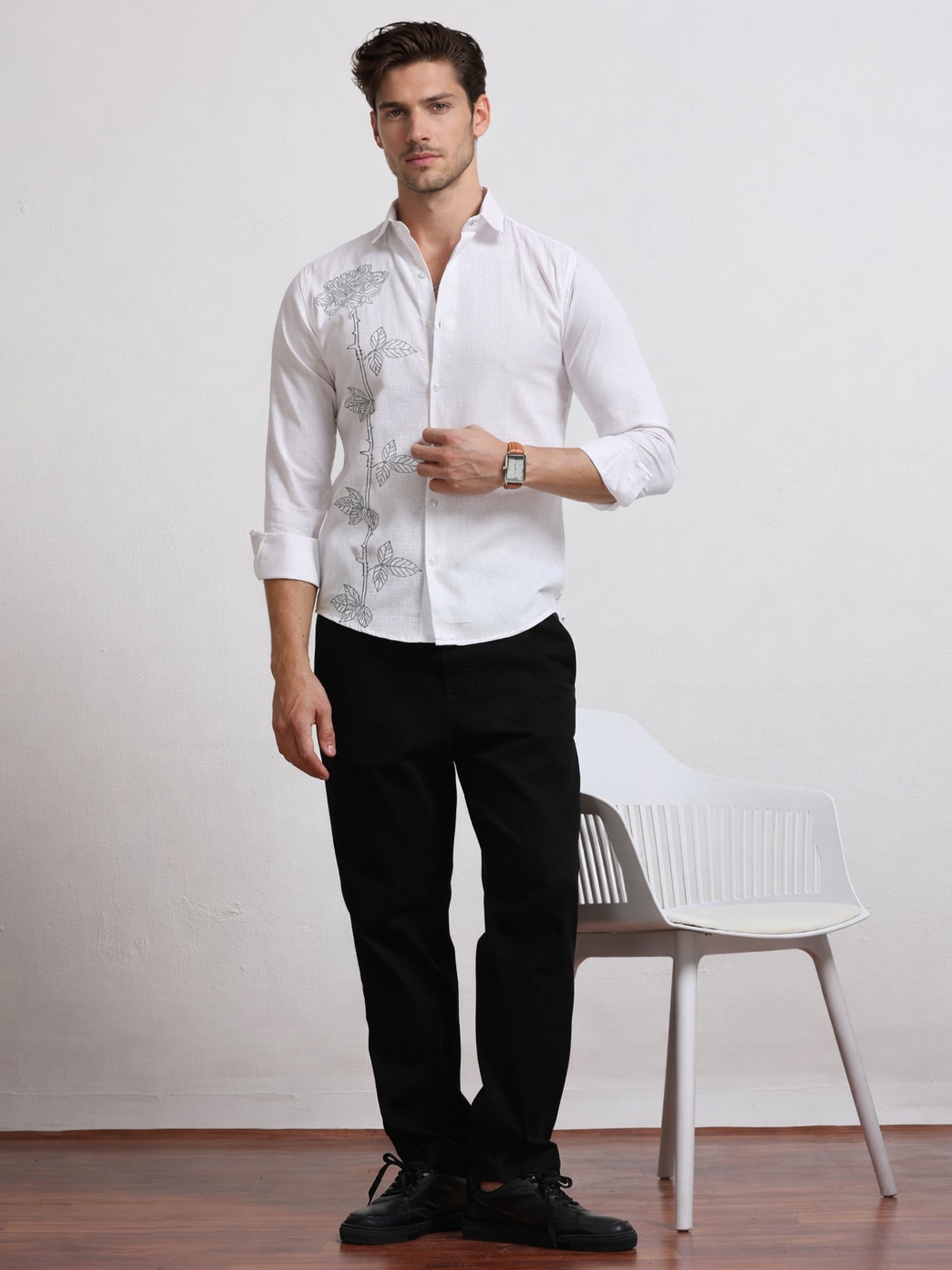 Men's Linen White Rose Stem Embroidery