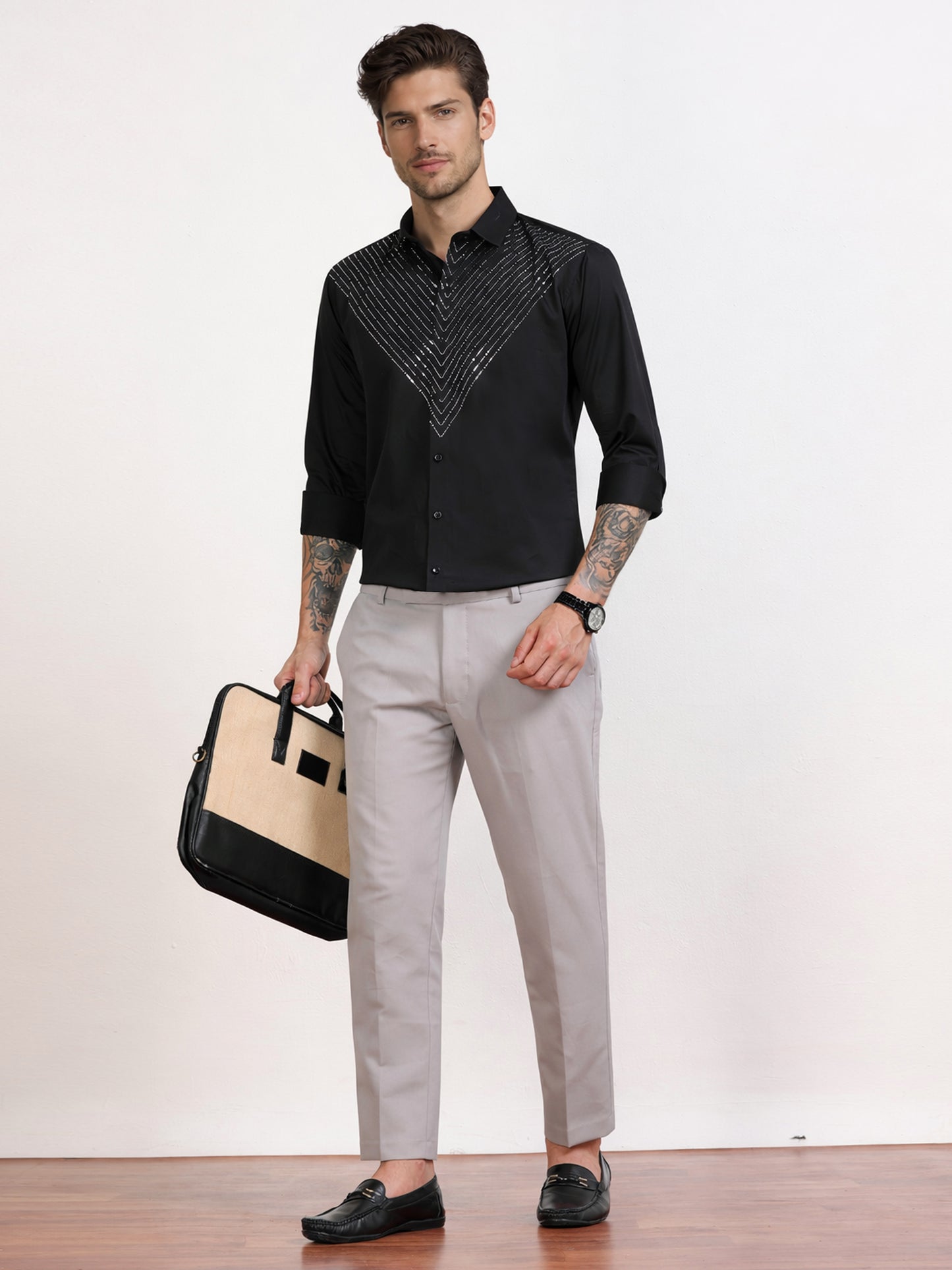 Men's Black Silver V-Stripe Stone Work