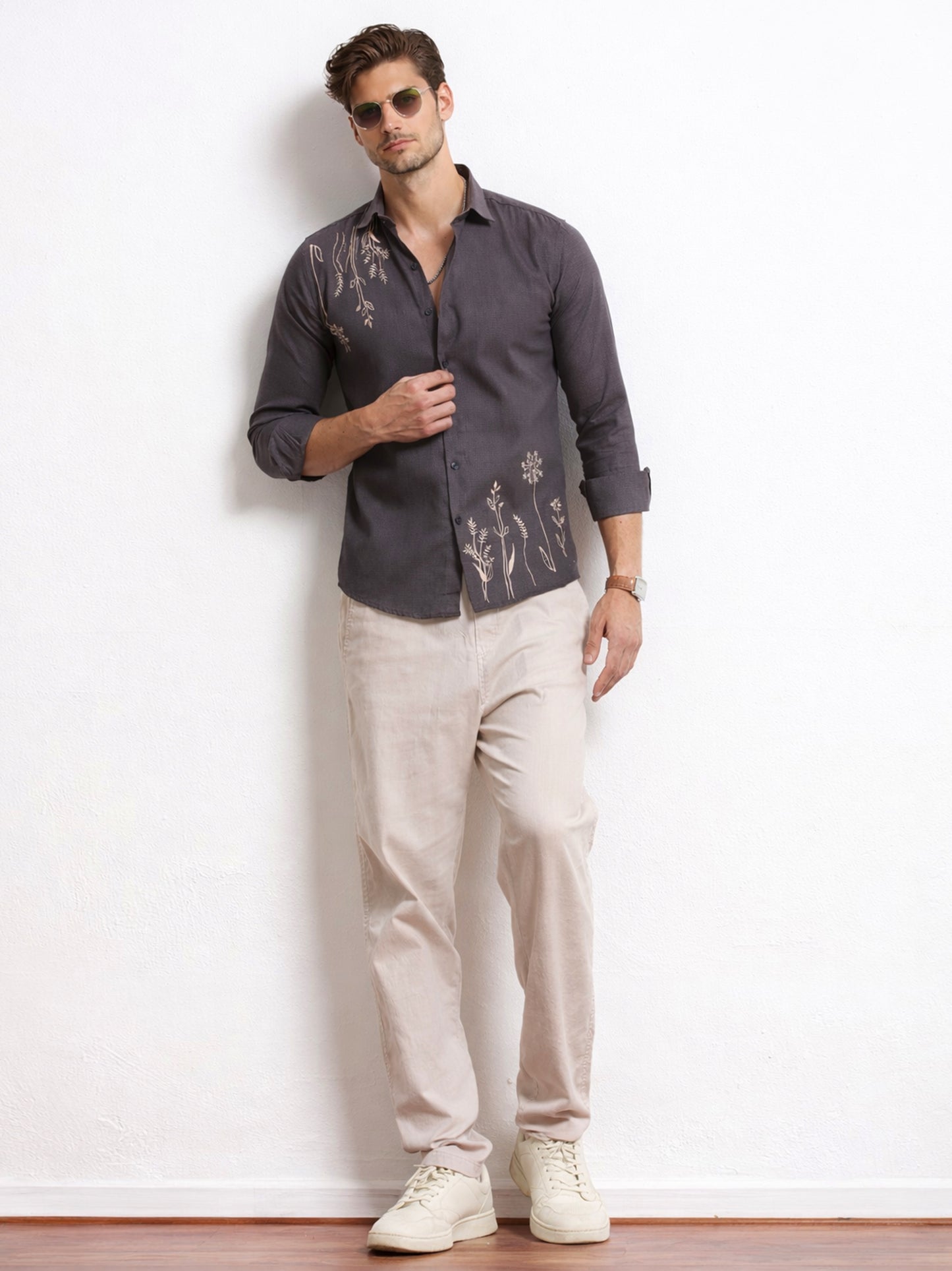 Men's Linen Charcoal Grey Botanical Embroidery