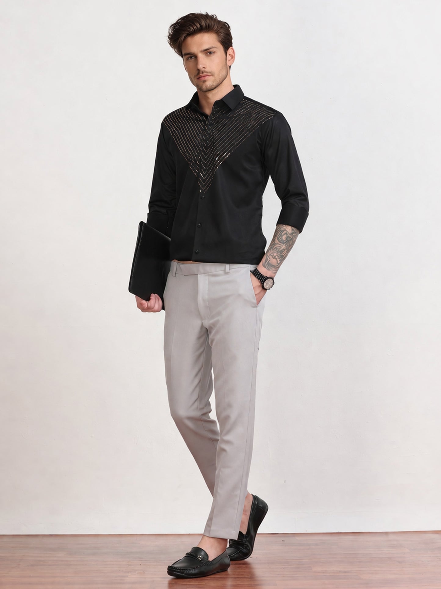 Men's Black Gold Stripe Stone Work