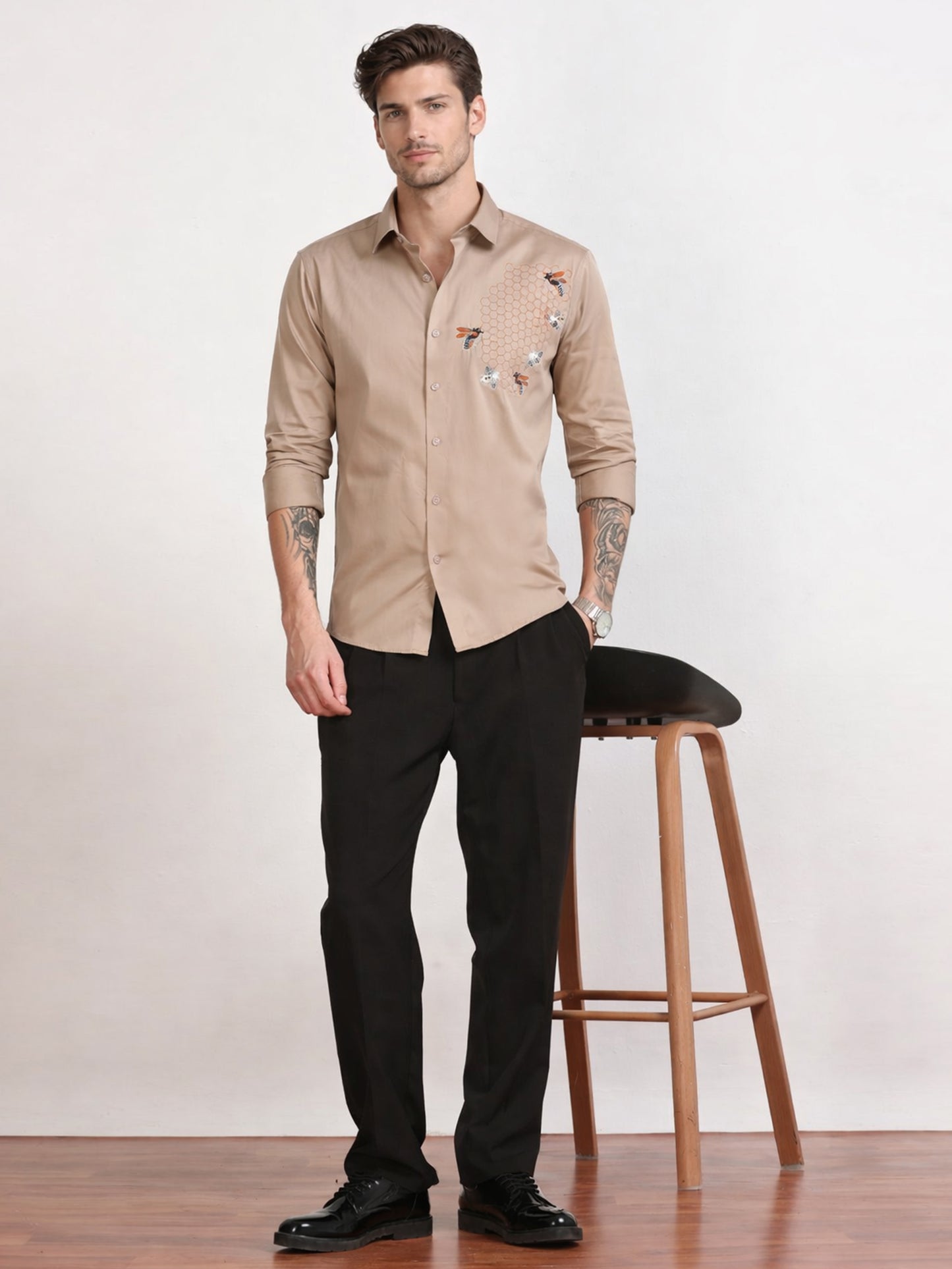 Men's Khaki Bee Embroidery
