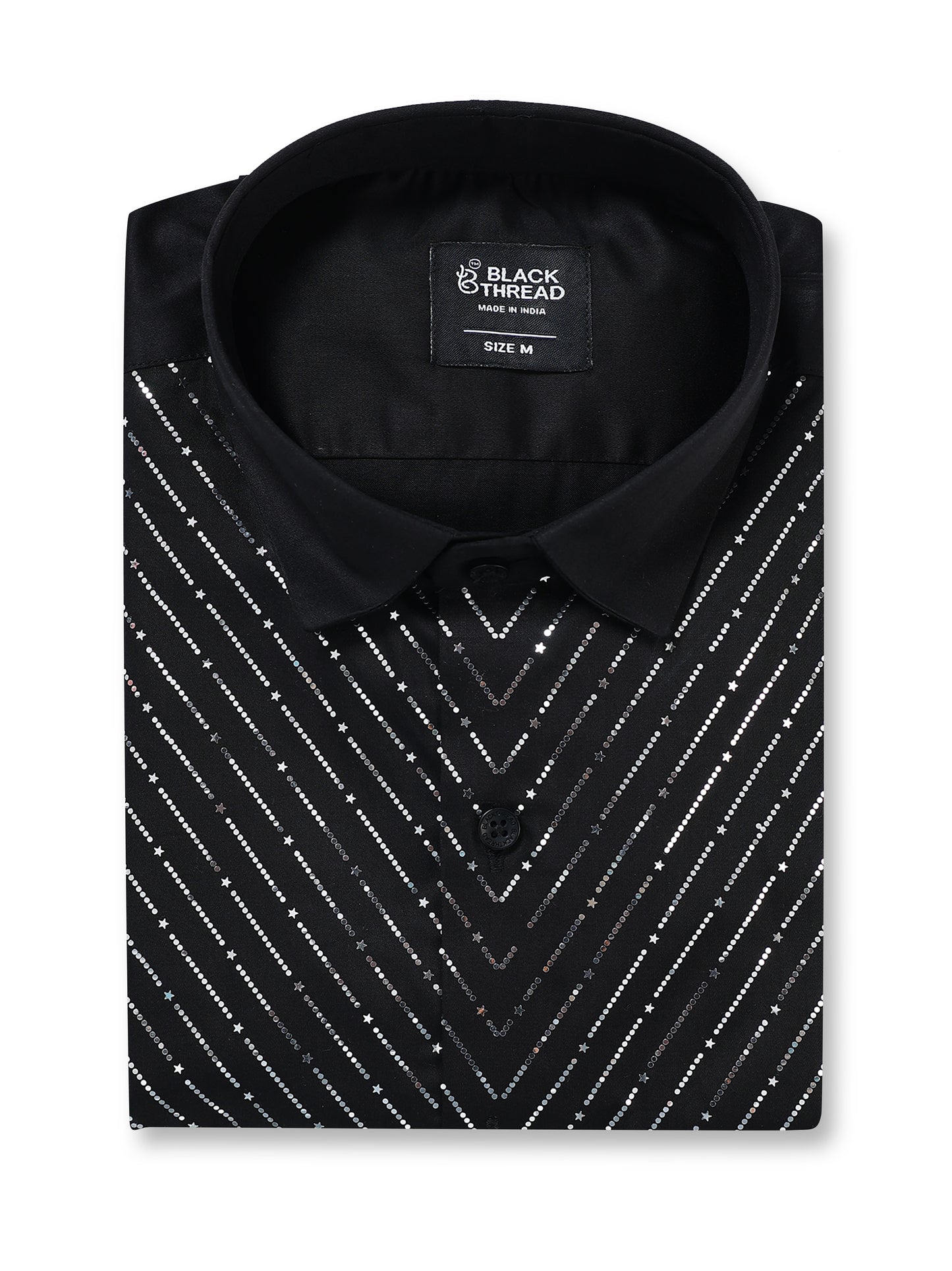 Men's Black Silver V-Stripe Stone Work