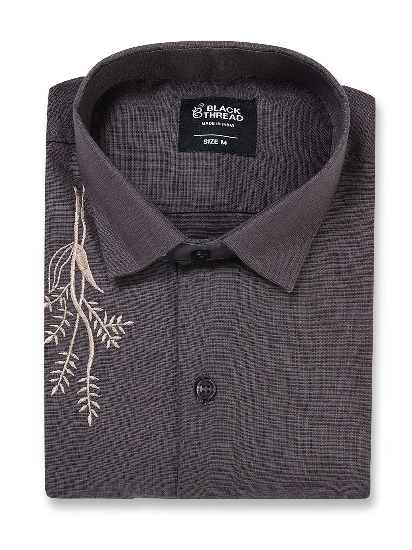 Men's Linen Charcoal Grey Botanical Embroidery