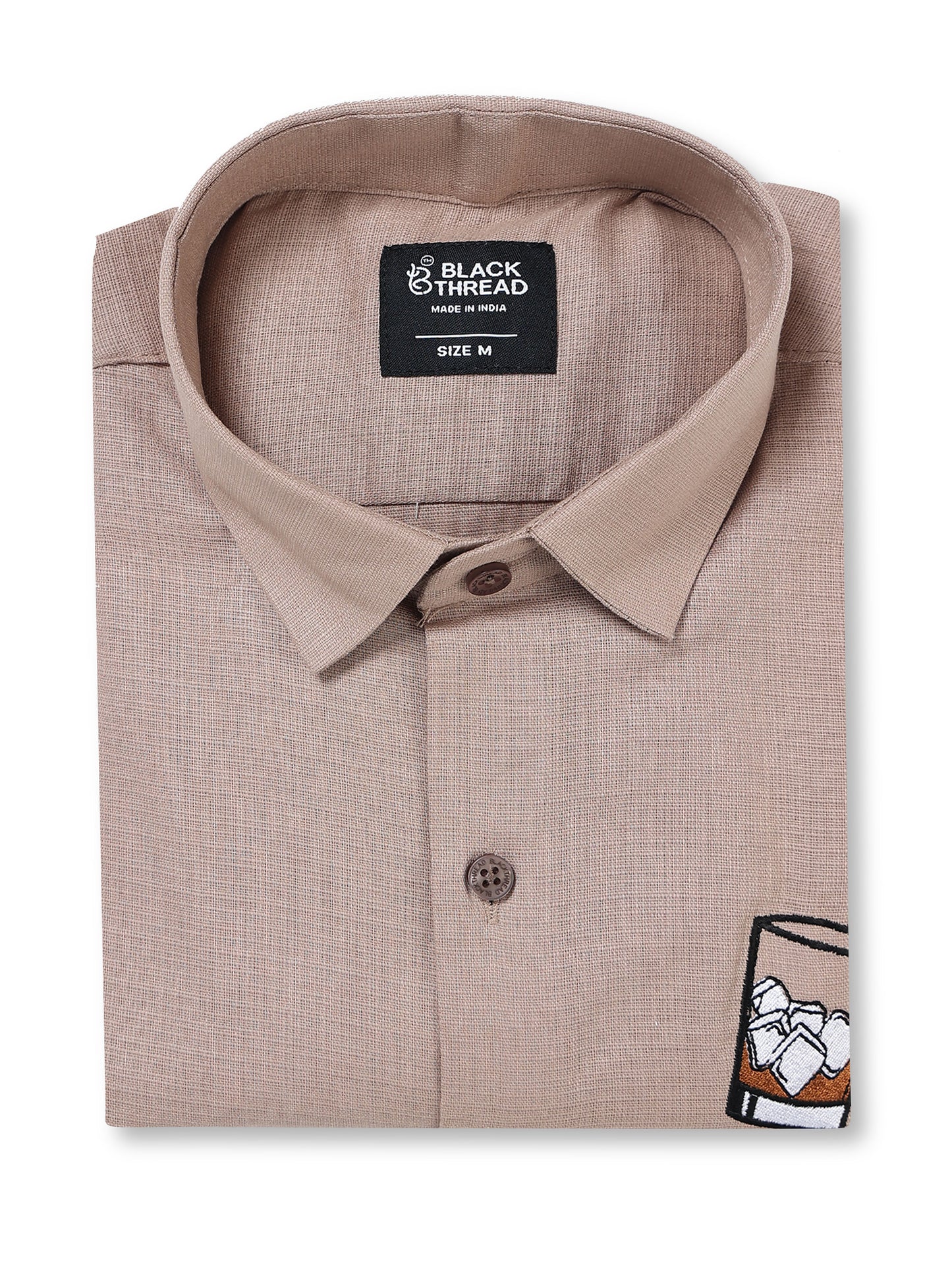 Men's Linen Beige Whiskey Glass Embroidery
