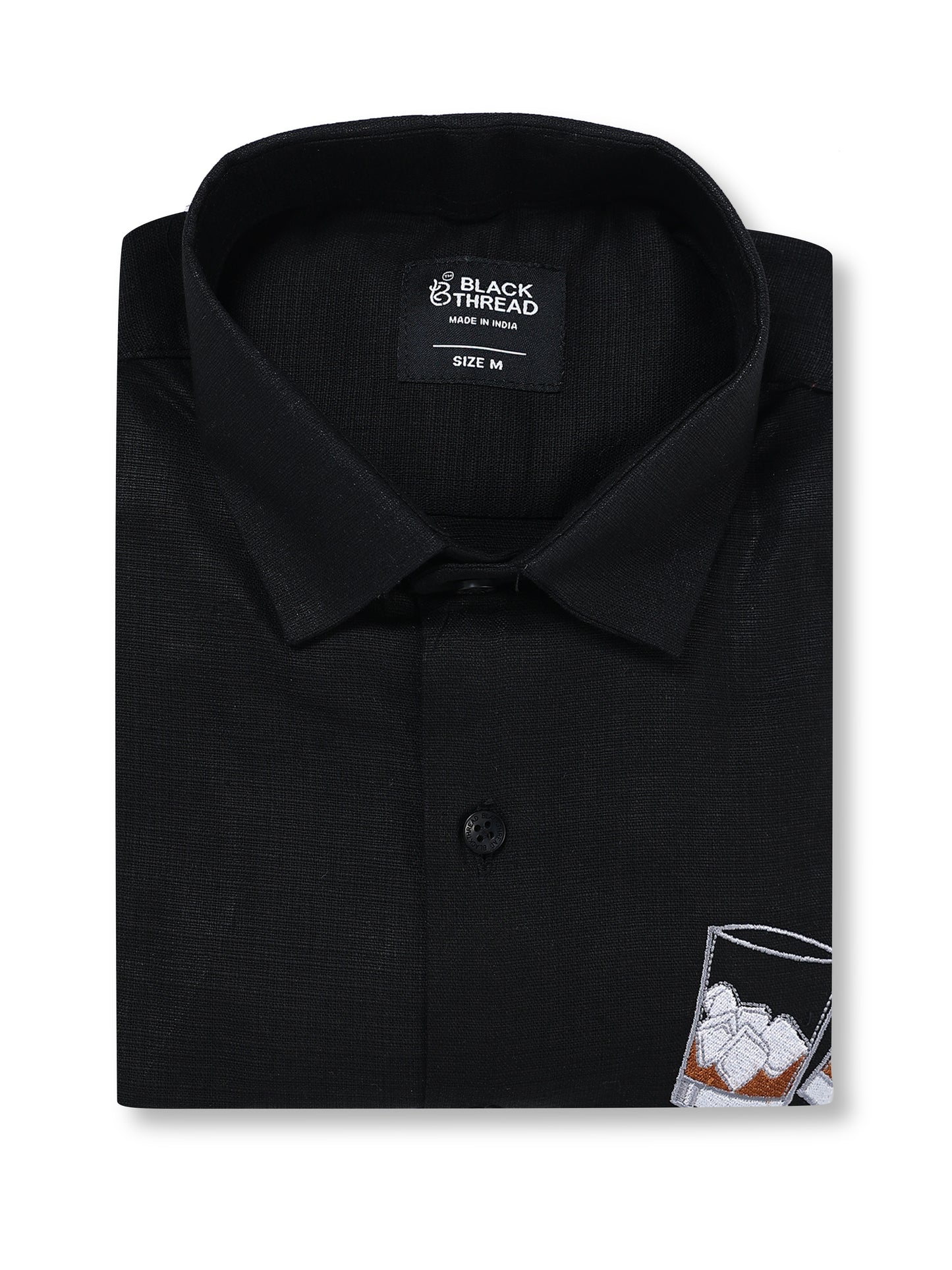 Men's Linen Black Whiskey Glass Embroidery