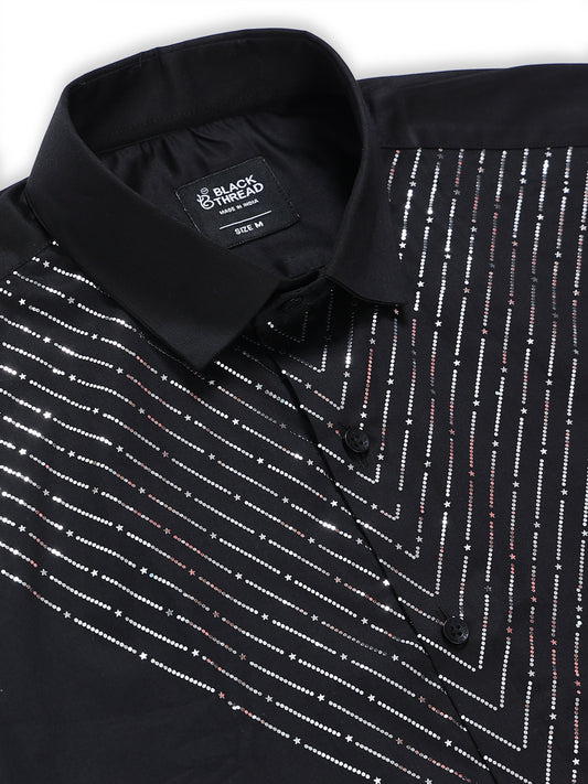 Men's Black Silver V-Stripe Stone Work