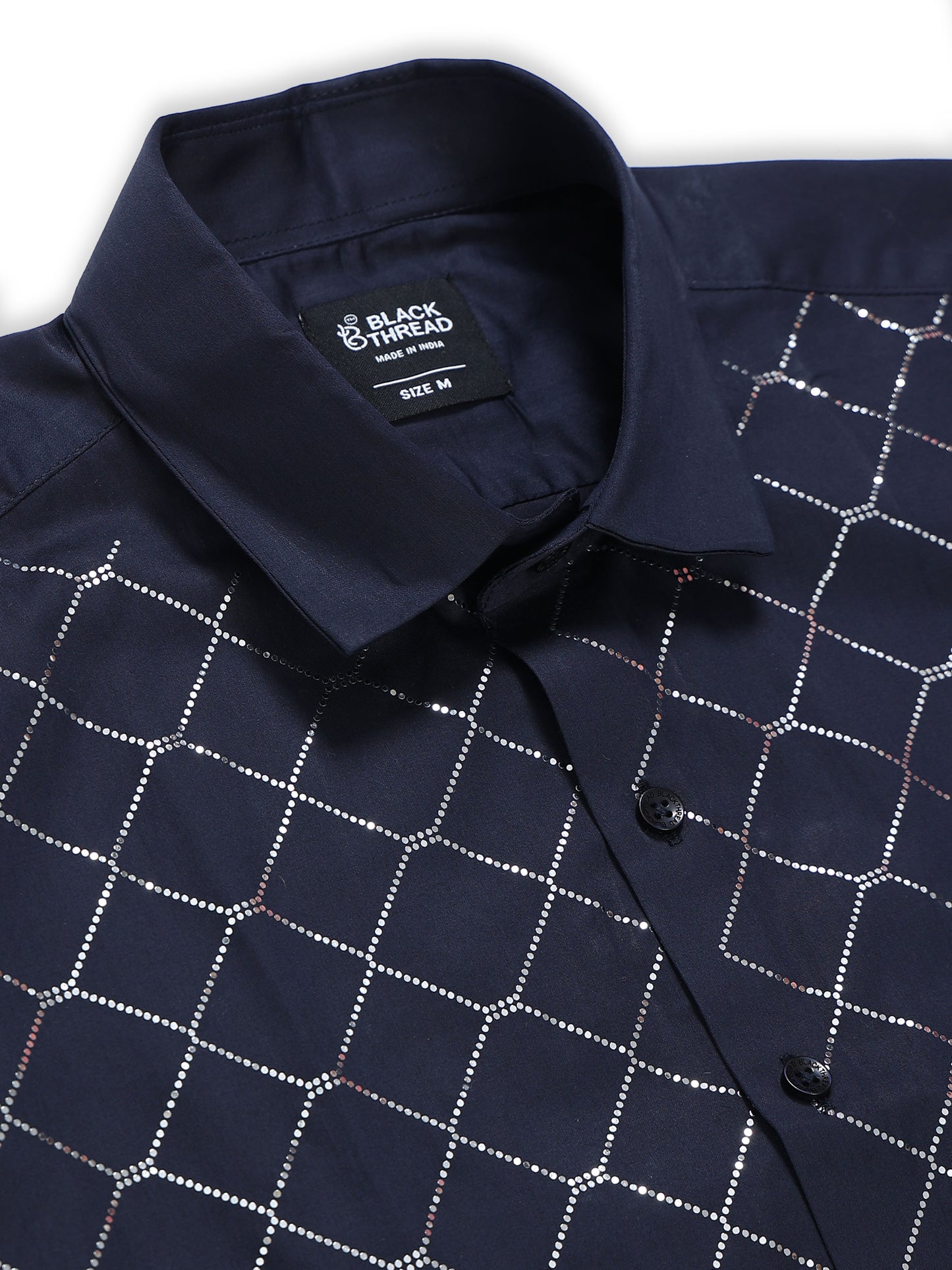 Men's Navy Blue Diamond Grid Stone Work