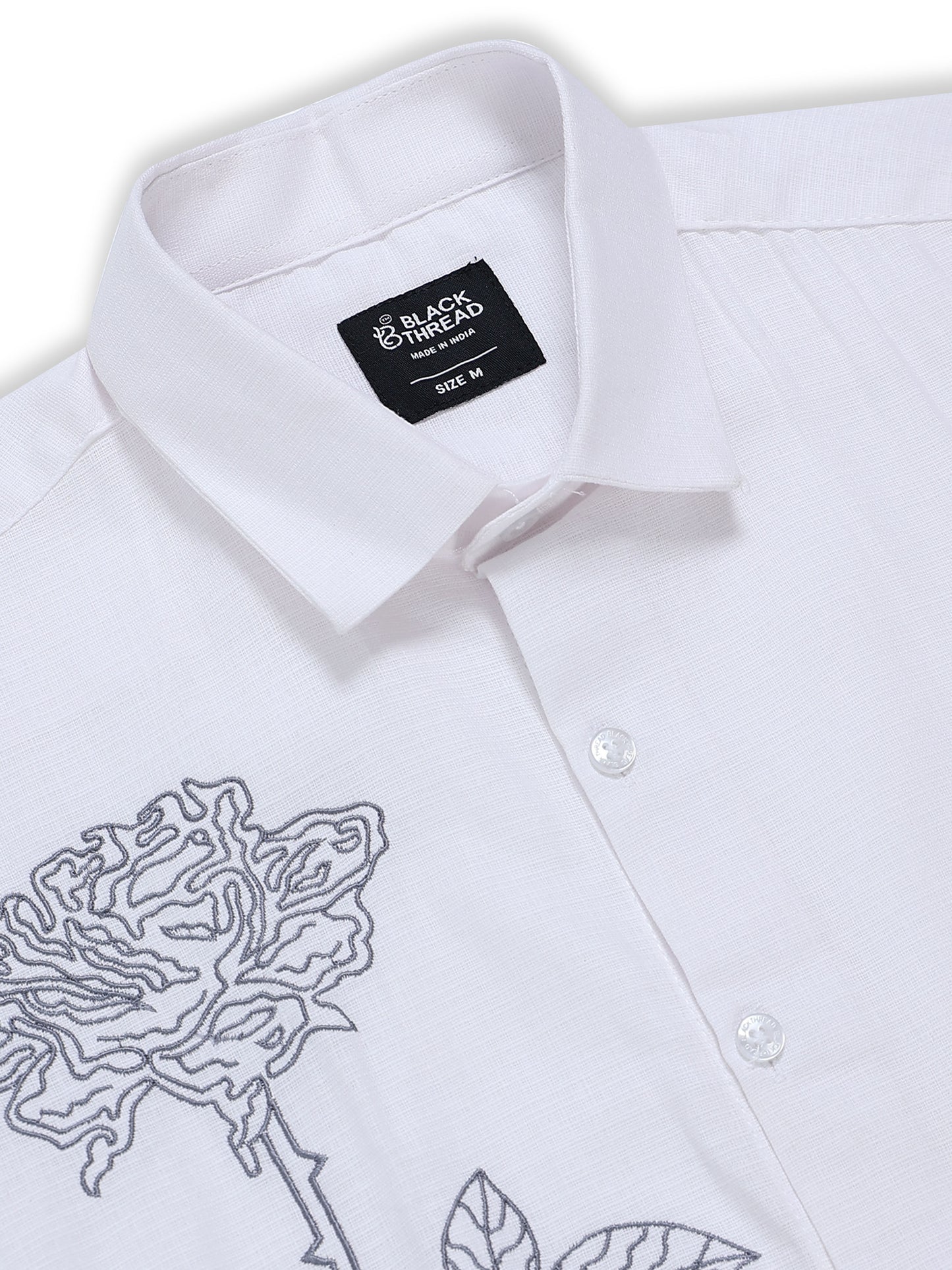 Men's Linen White Rose Stem Embroidery
