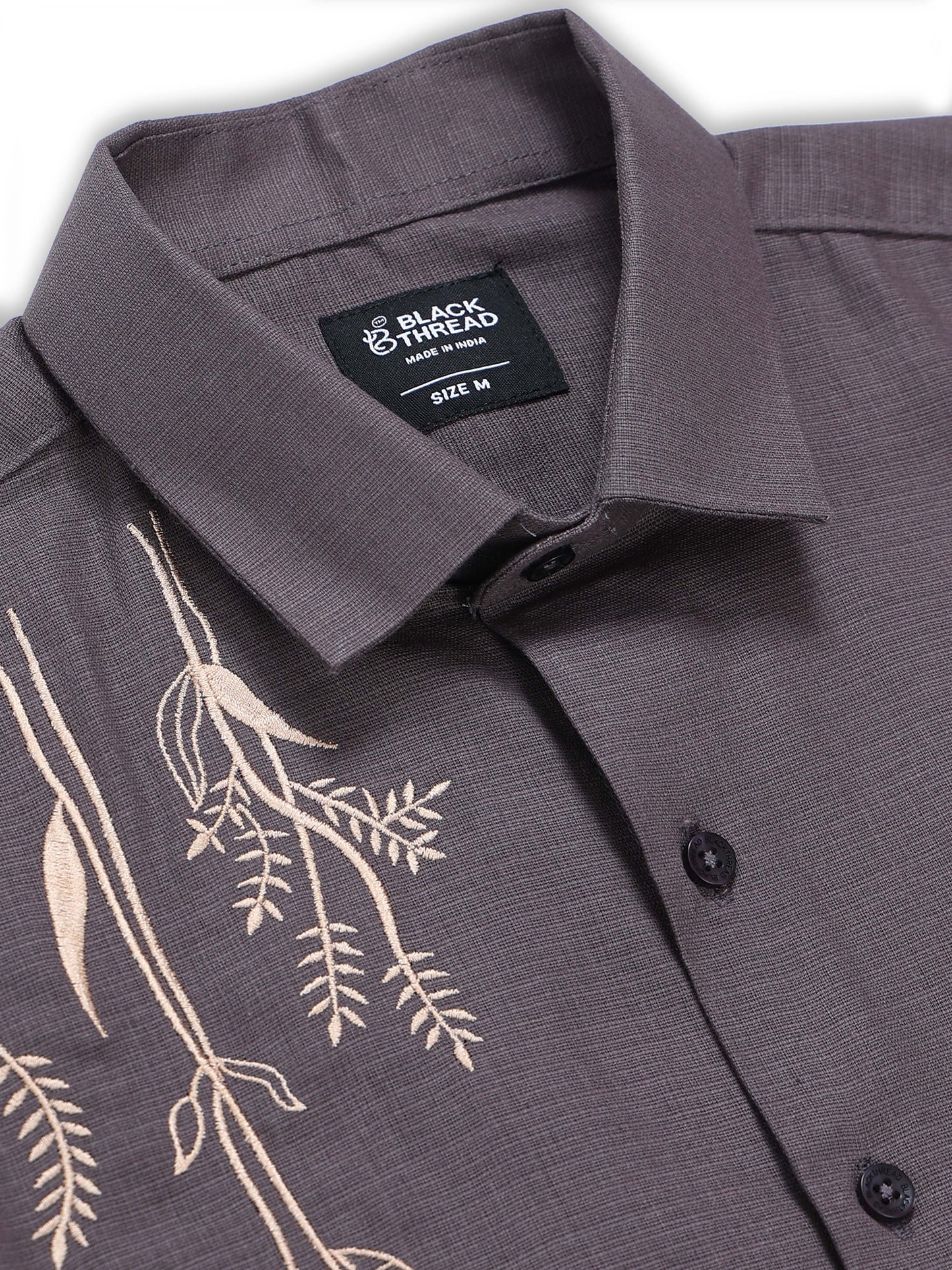 Men's Linen Charcoal Grey Botanical Embroidery