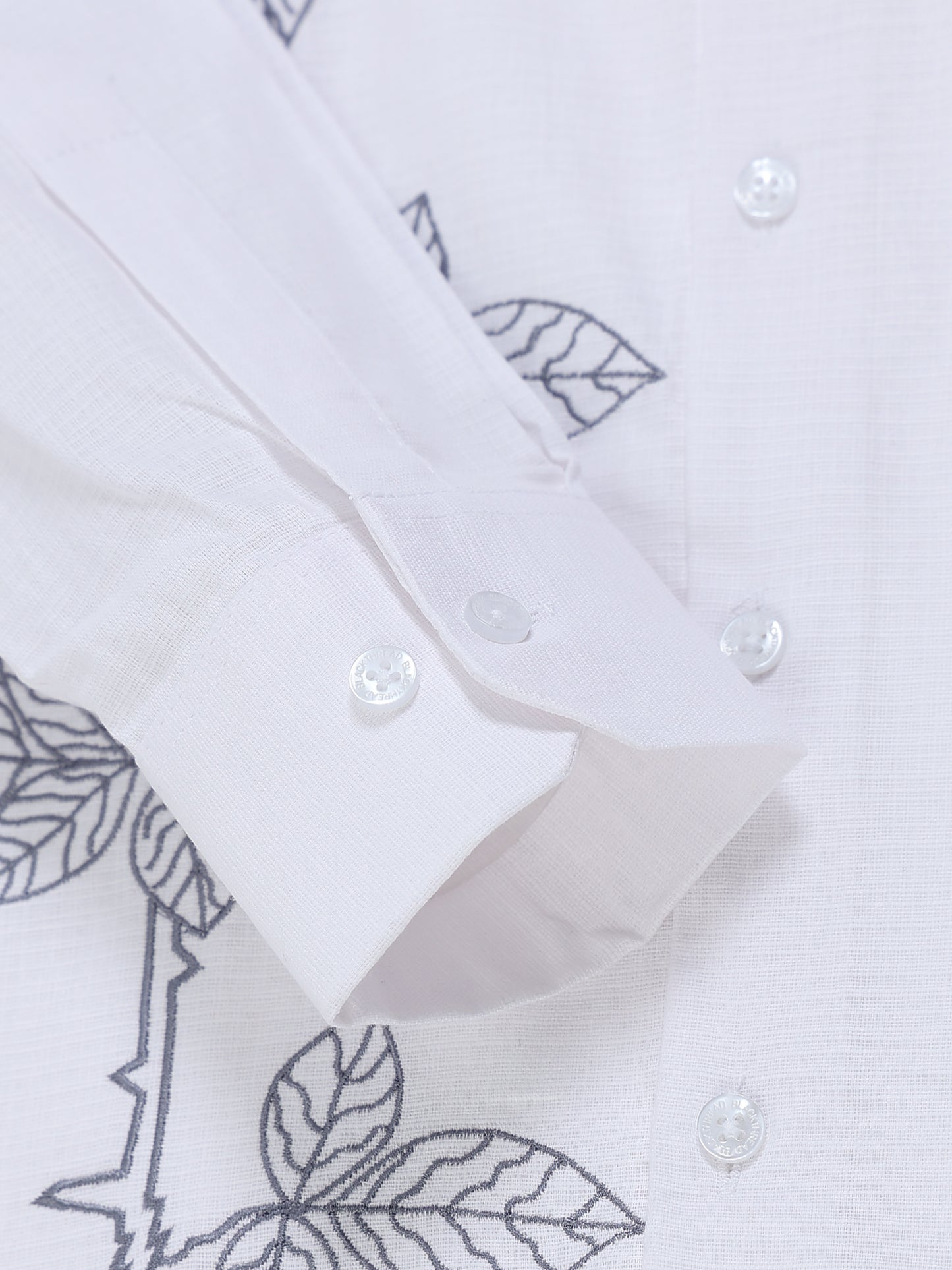 Men's Linen White Rose Stem Embroidery