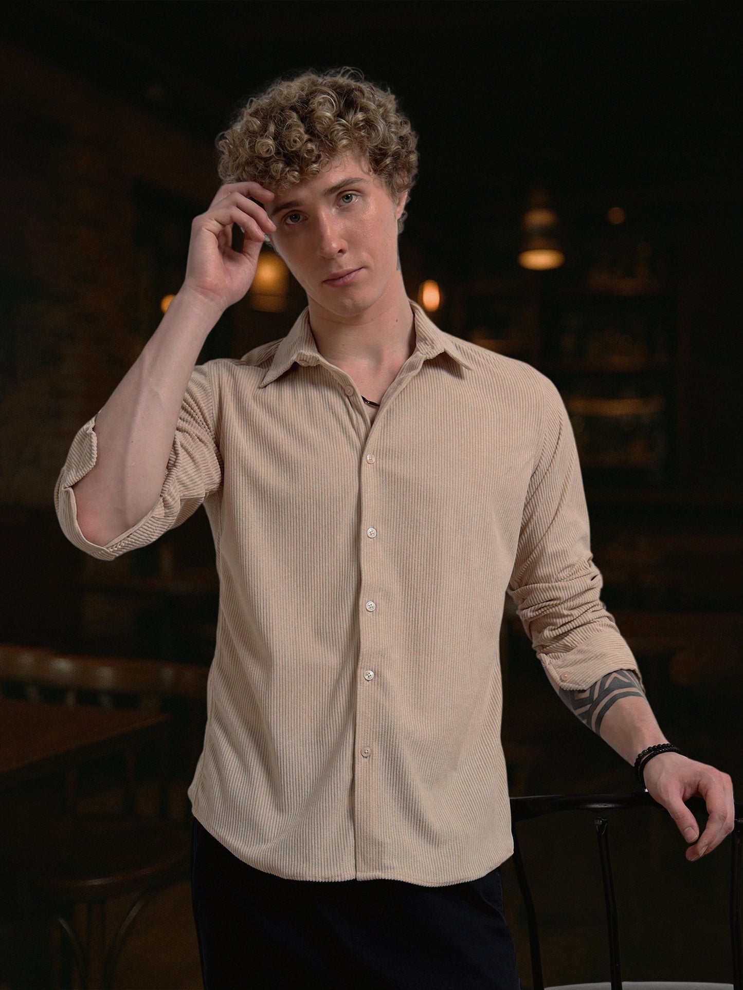 Beige Full sleeve Corduroy Shirts