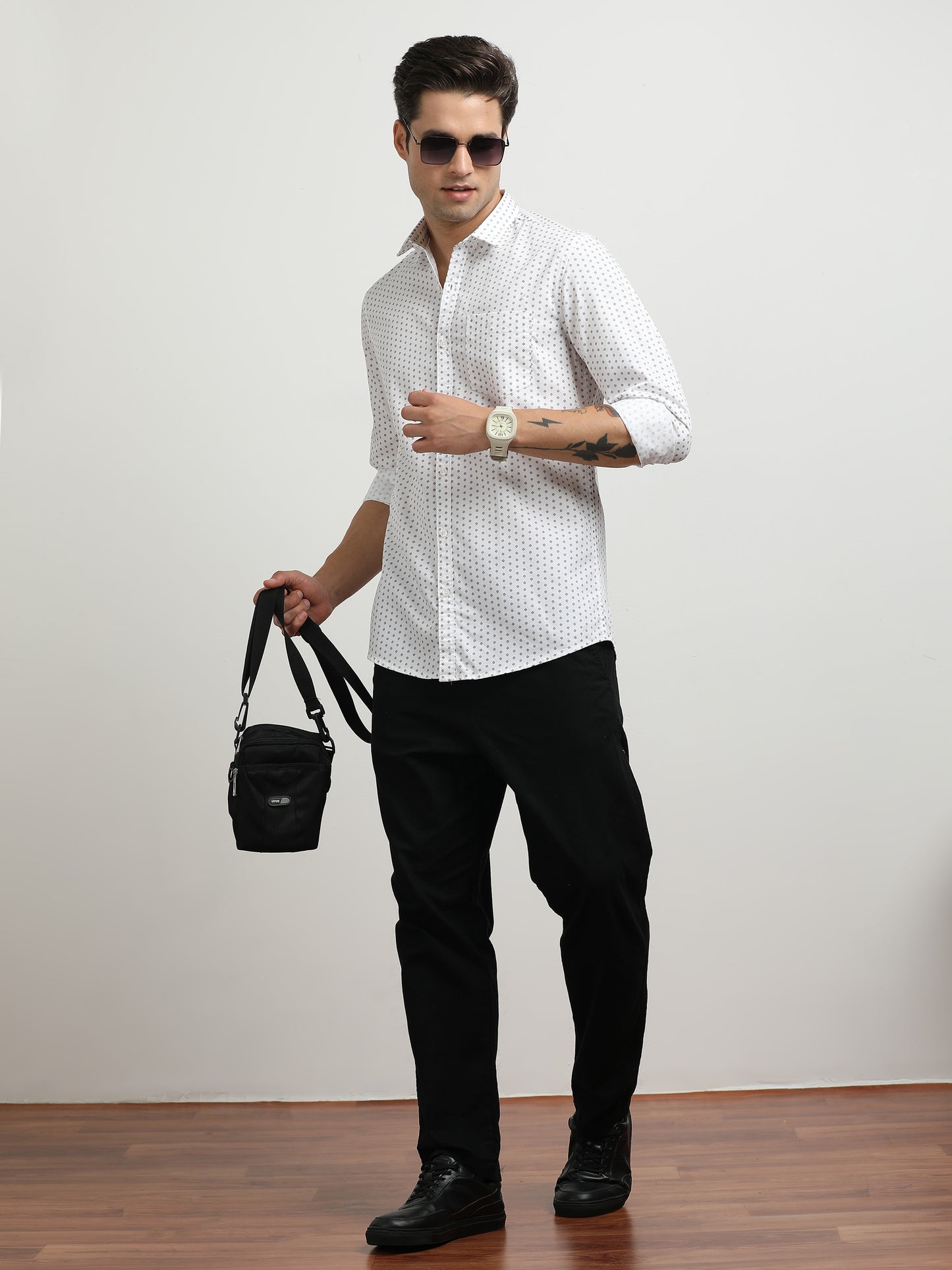 Men’s White Micro Printed Slim Fit Casual Shirt By Black Thread