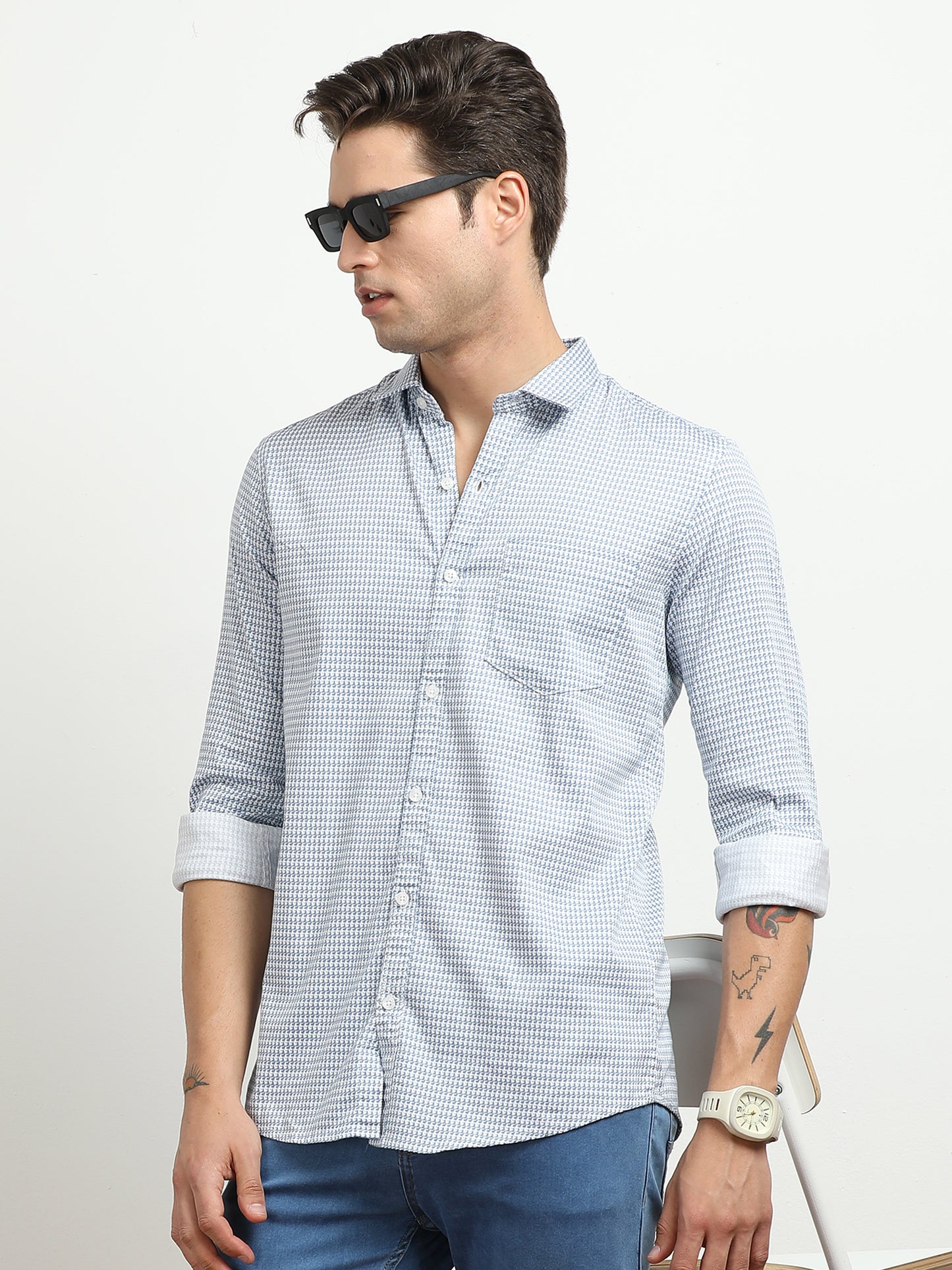 Men’s White & Blue Micro Check Printed Slim Fit Casual Shirt By Black Thread