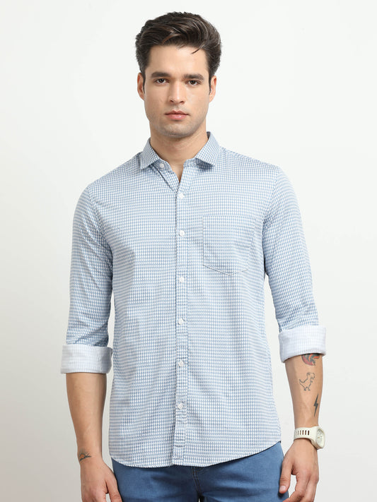 Men’s White & Blue Micro Check Printed Slim Fit Casual Shirt By Black Thread