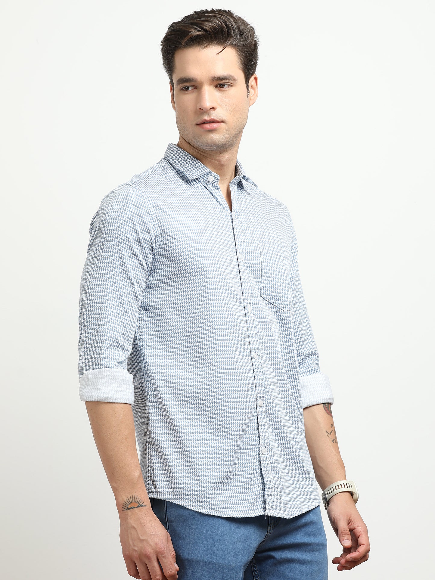 Men’s White & Blue Micro Check Printed Slim Fit Casual Shirt By Black Thread