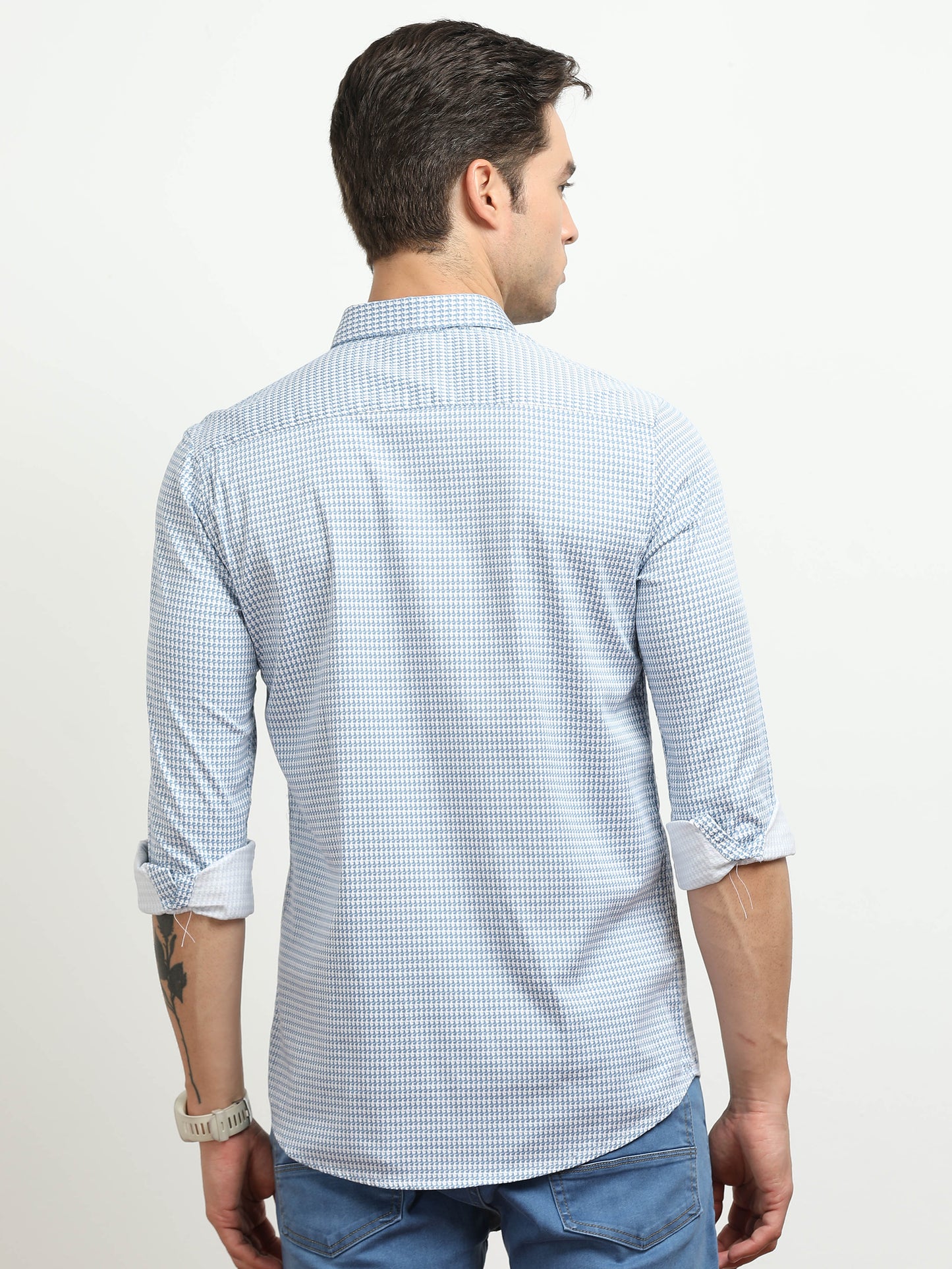 Men’s White & Blue Micro Check Printed Slim Fit Casual Shirt By Black Thread