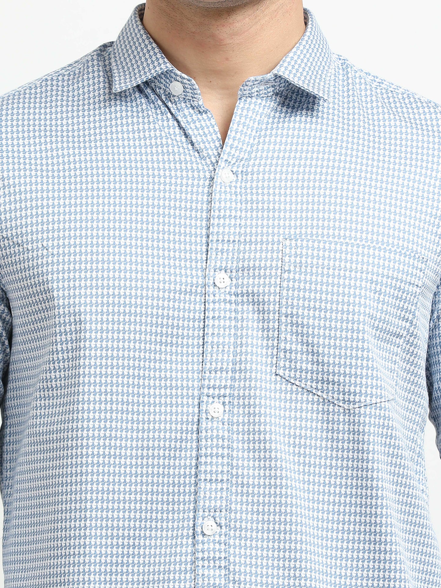 Men’s White & Blue Micro Check Printed Slim Fit Casual Shirt By Black Thread