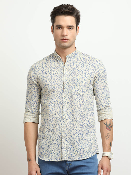 Men’s Cream & Blue Floral Printed Slim Fit Casual Shirt By Black Thread