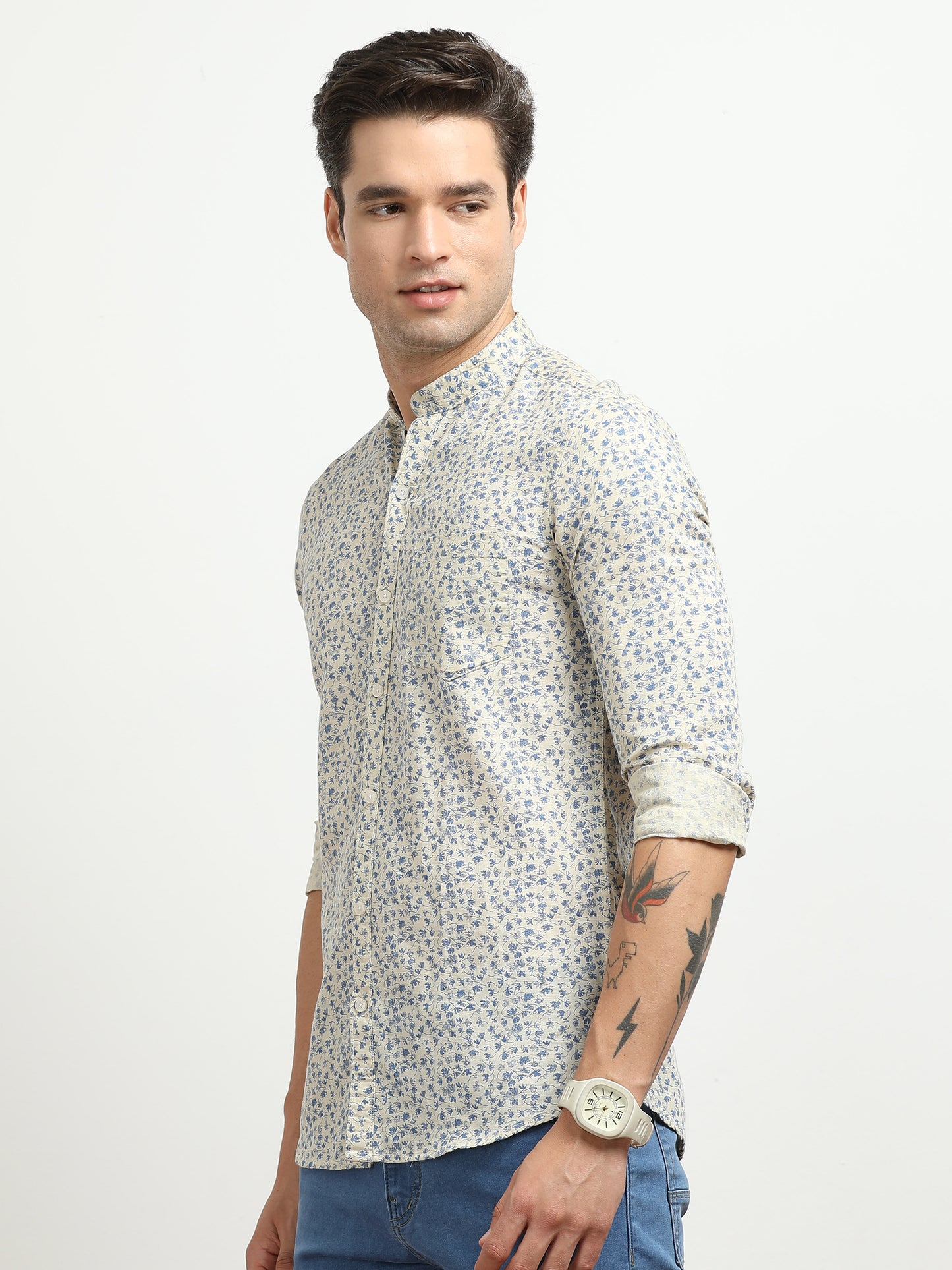 Men’s Cream & Blue Floral Printed Slim Fit Casual Shirt By Black Thread