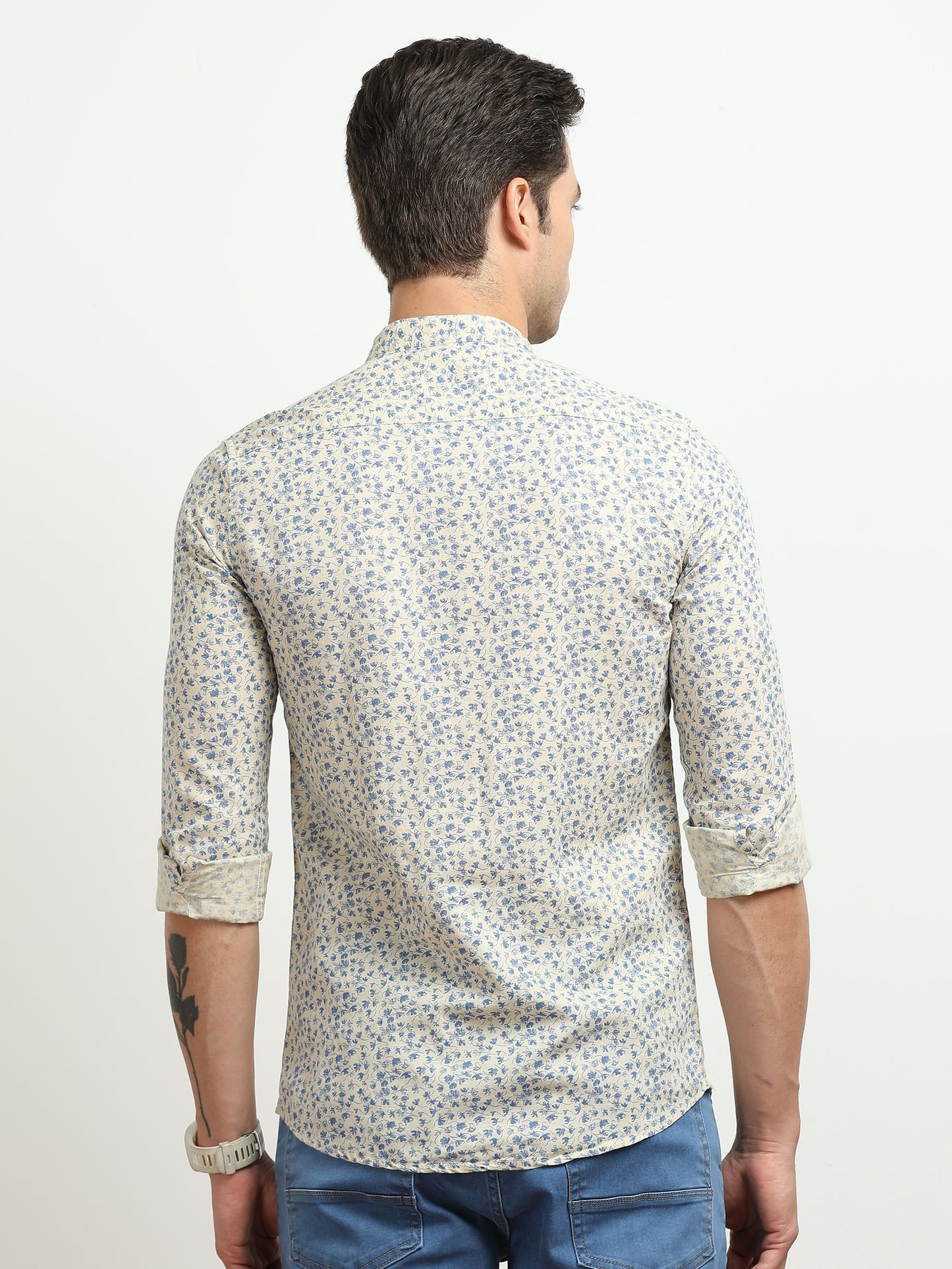 Men’s Cream & Blue Floral Printed Slim Fit Casual Shirt By Black Thread