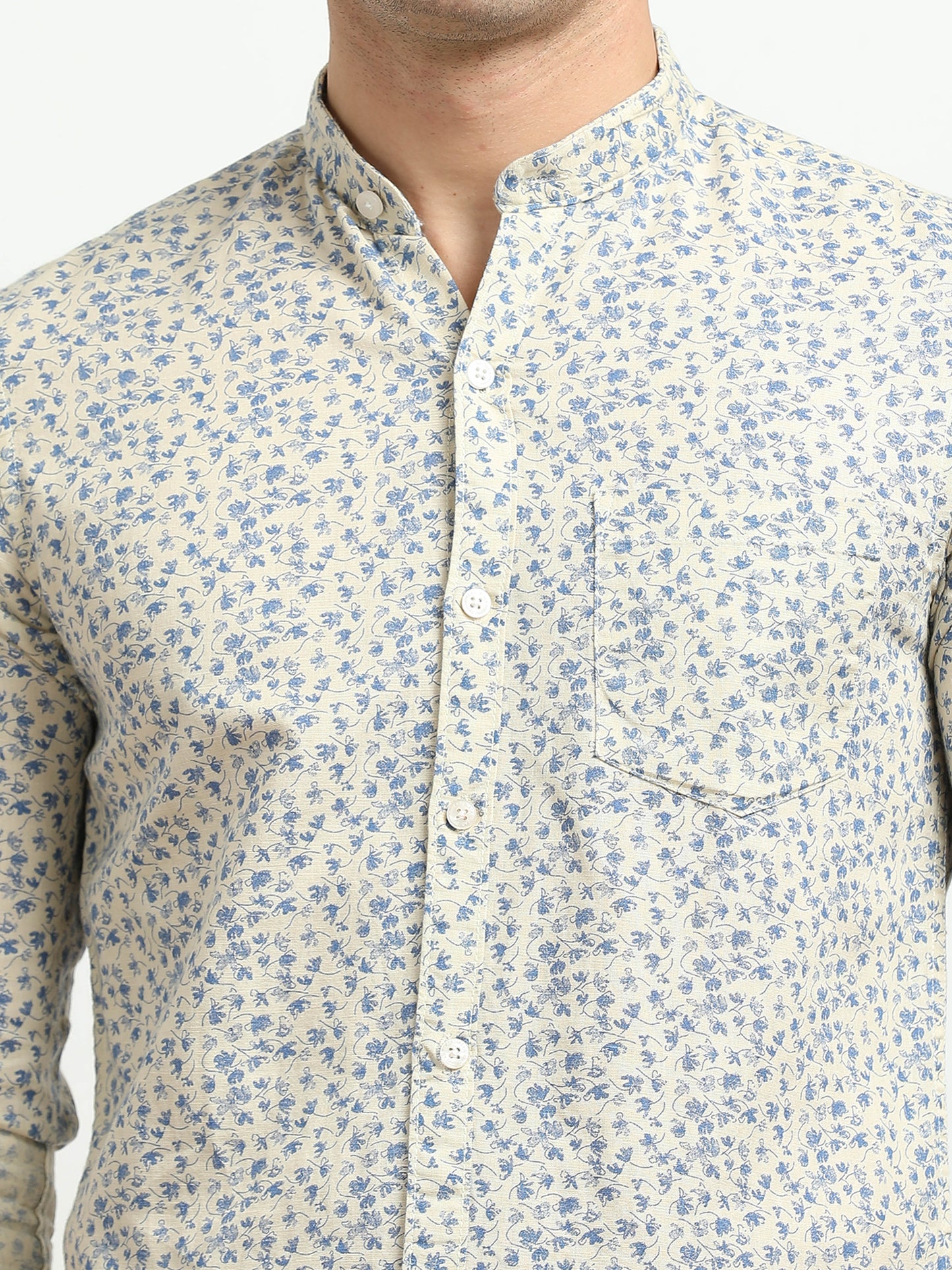 Men’s Cream & Blue Floral Printed Slim Fit Casual Shirt By Black Thread