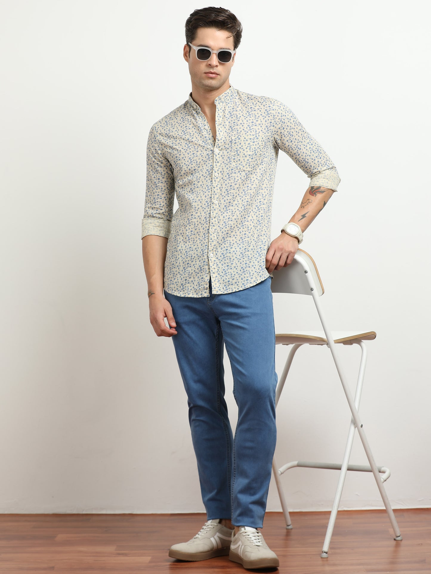 Men’s Cream & Blue Floral Printed Slim Fit Casual Shirt By Black Thread