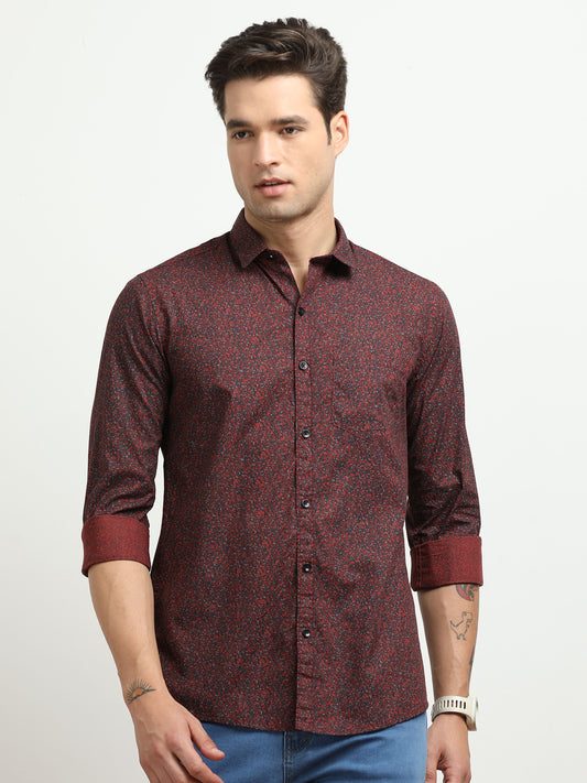 Men’s Maroon Micro Printed Slim Fit Casual Shirt By Black Thread