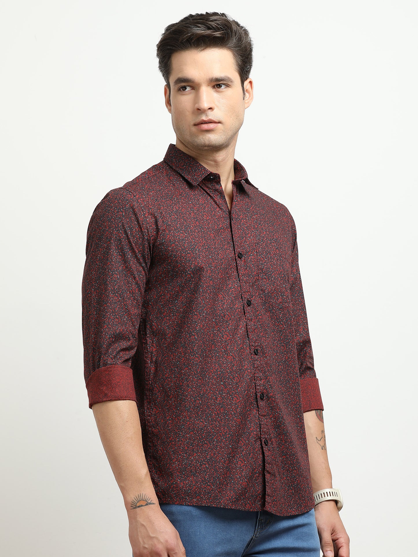 Men’s Maroon Micro Printed Slim Fit Casual Shirt By Black Thread