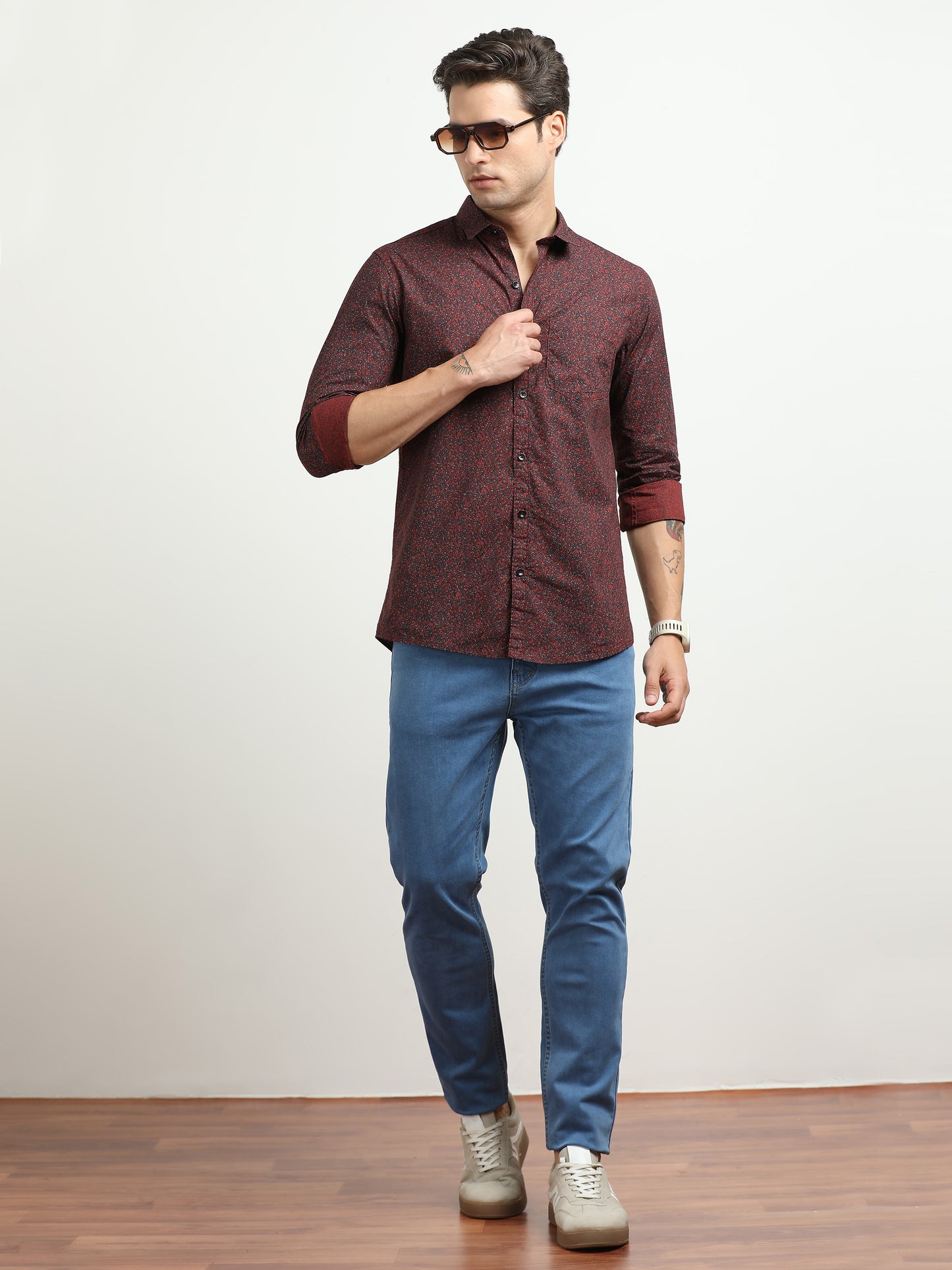 Men’s Maroon Micro Printed Slim Fit Casual Shirt By Black Thread