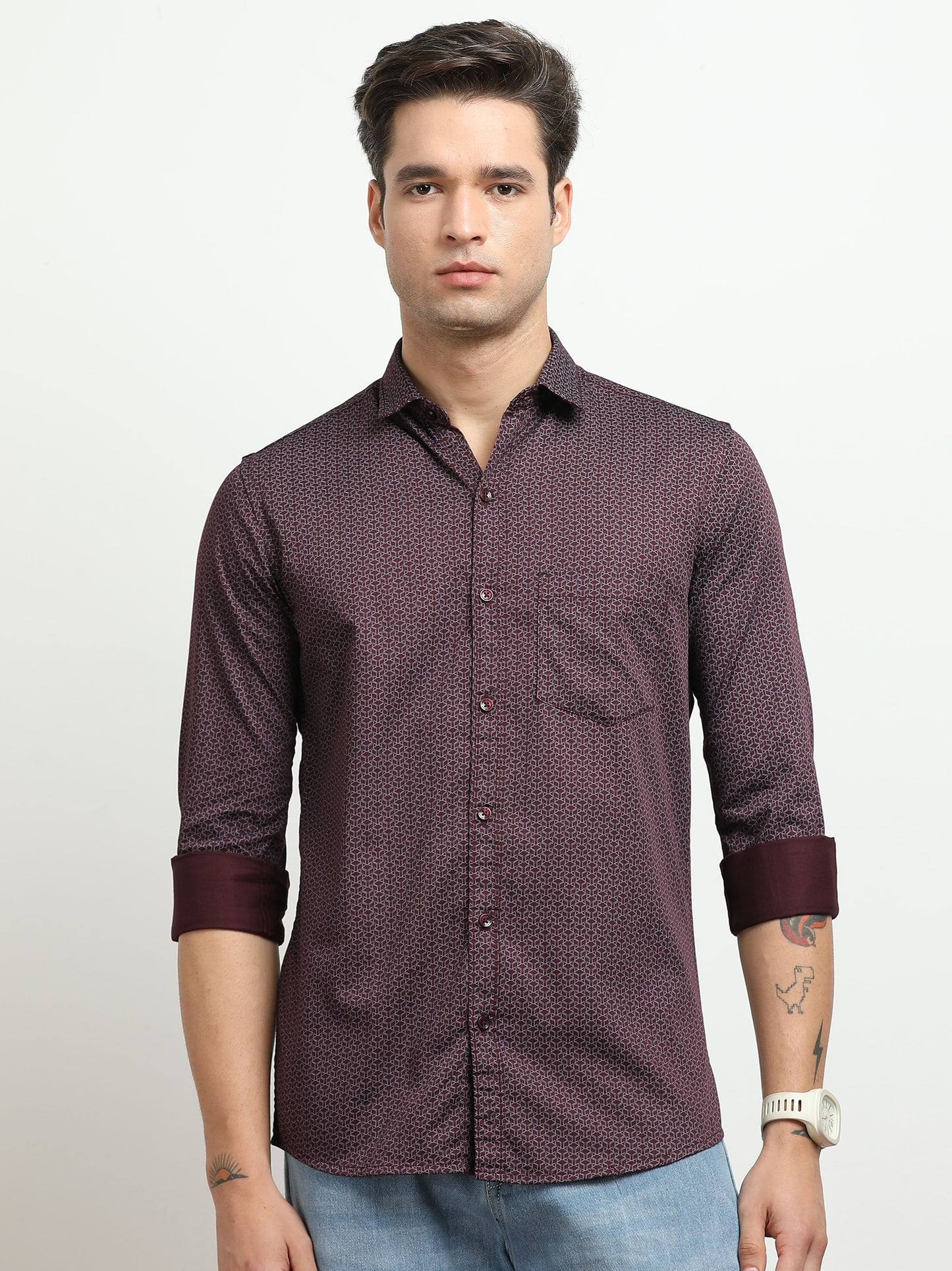 Men’s Wine Red Micro Printed Slim Fit Casual Shirt By Black Thread