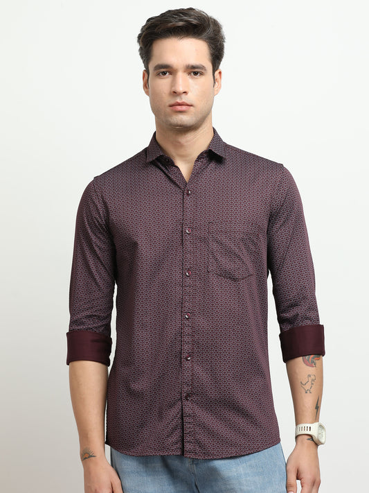 Men’s Wine Red Micro Printed Slim Fit Casual Shirt By Black Thread