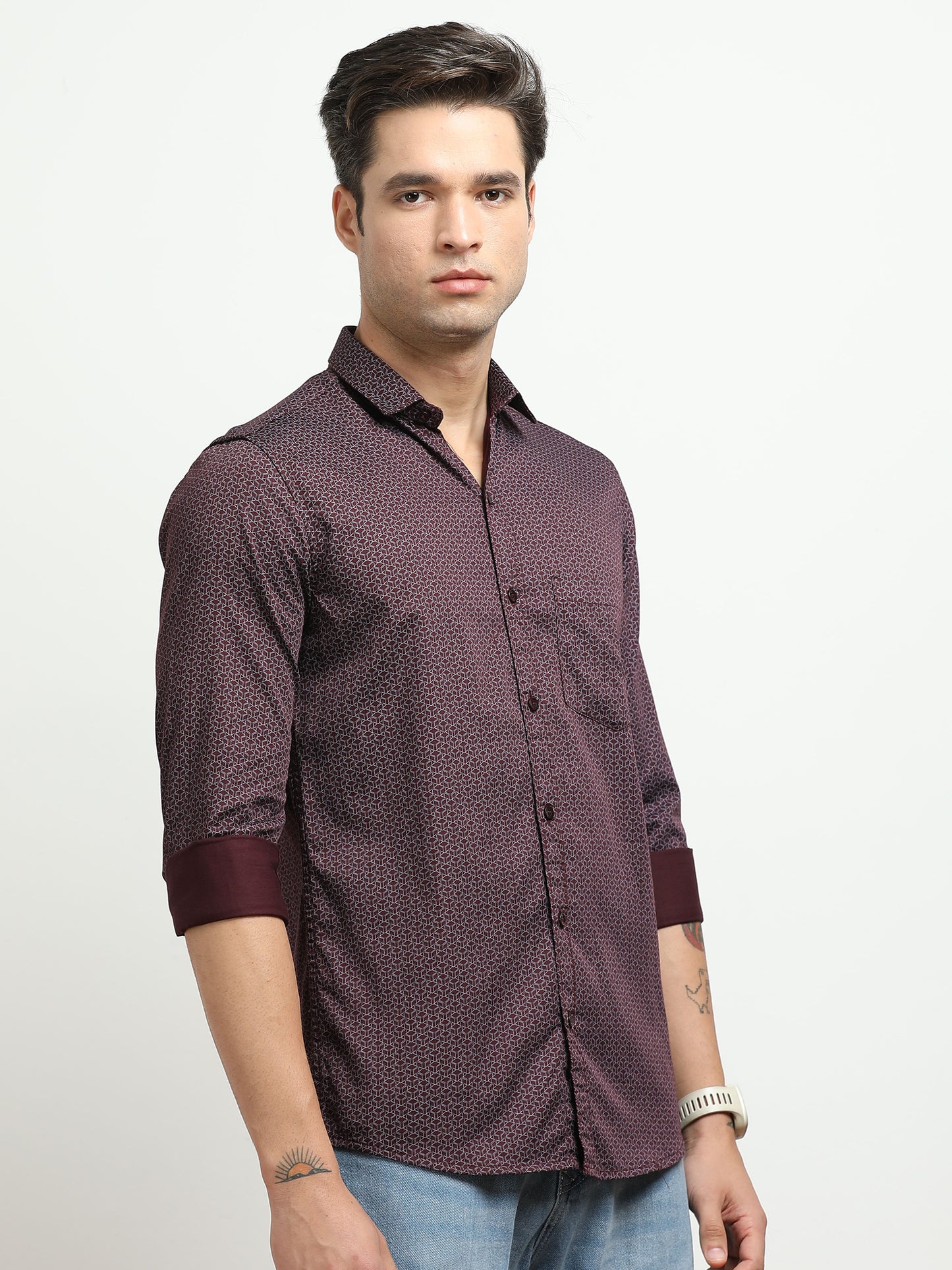 Men’s Wine Red Micro Printed Slim Fit Casual Shirt By Black Thread