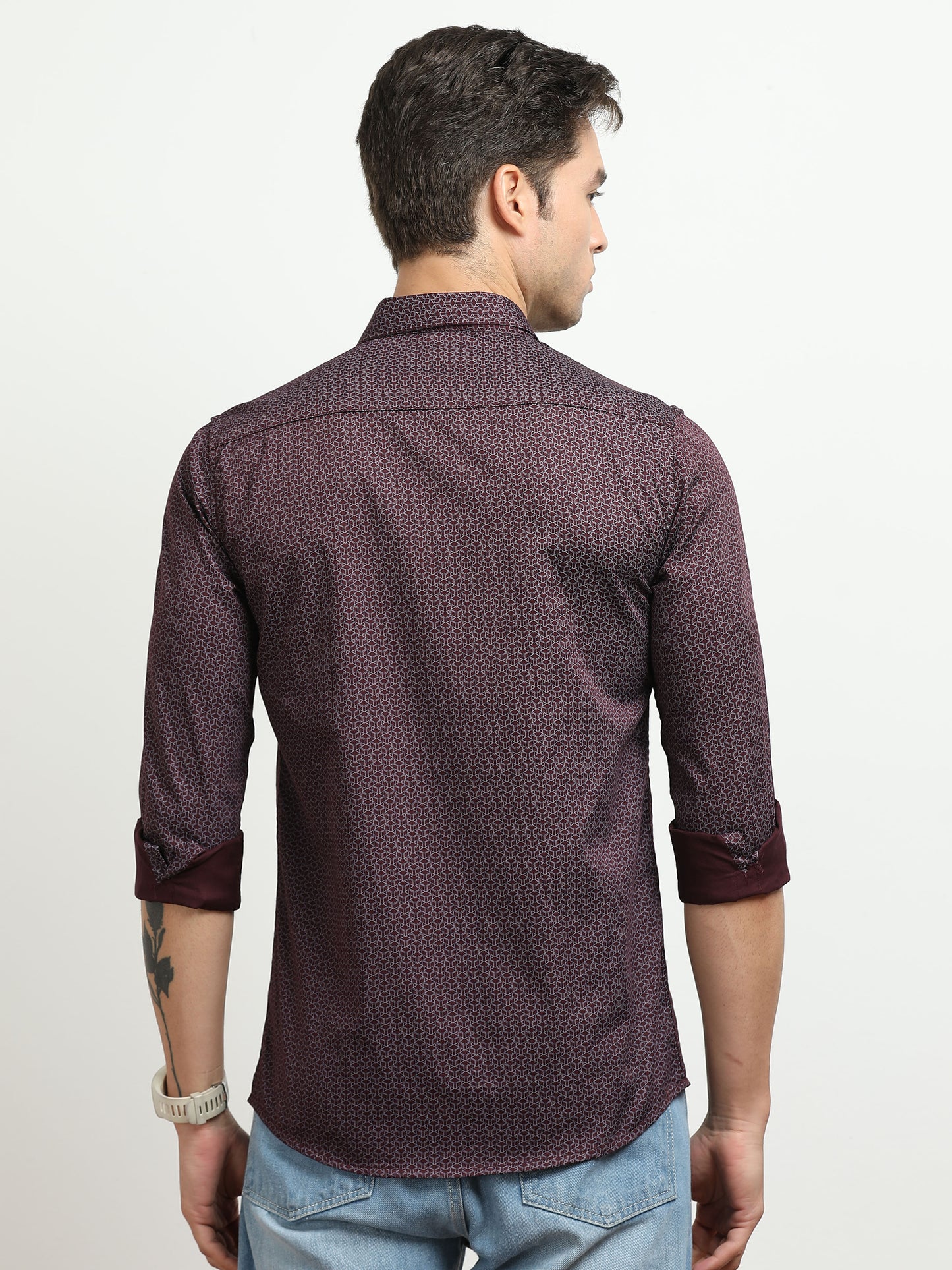 Men’s Wine Red Micro Printed Slim Fit Casual Shirt By Black Thread