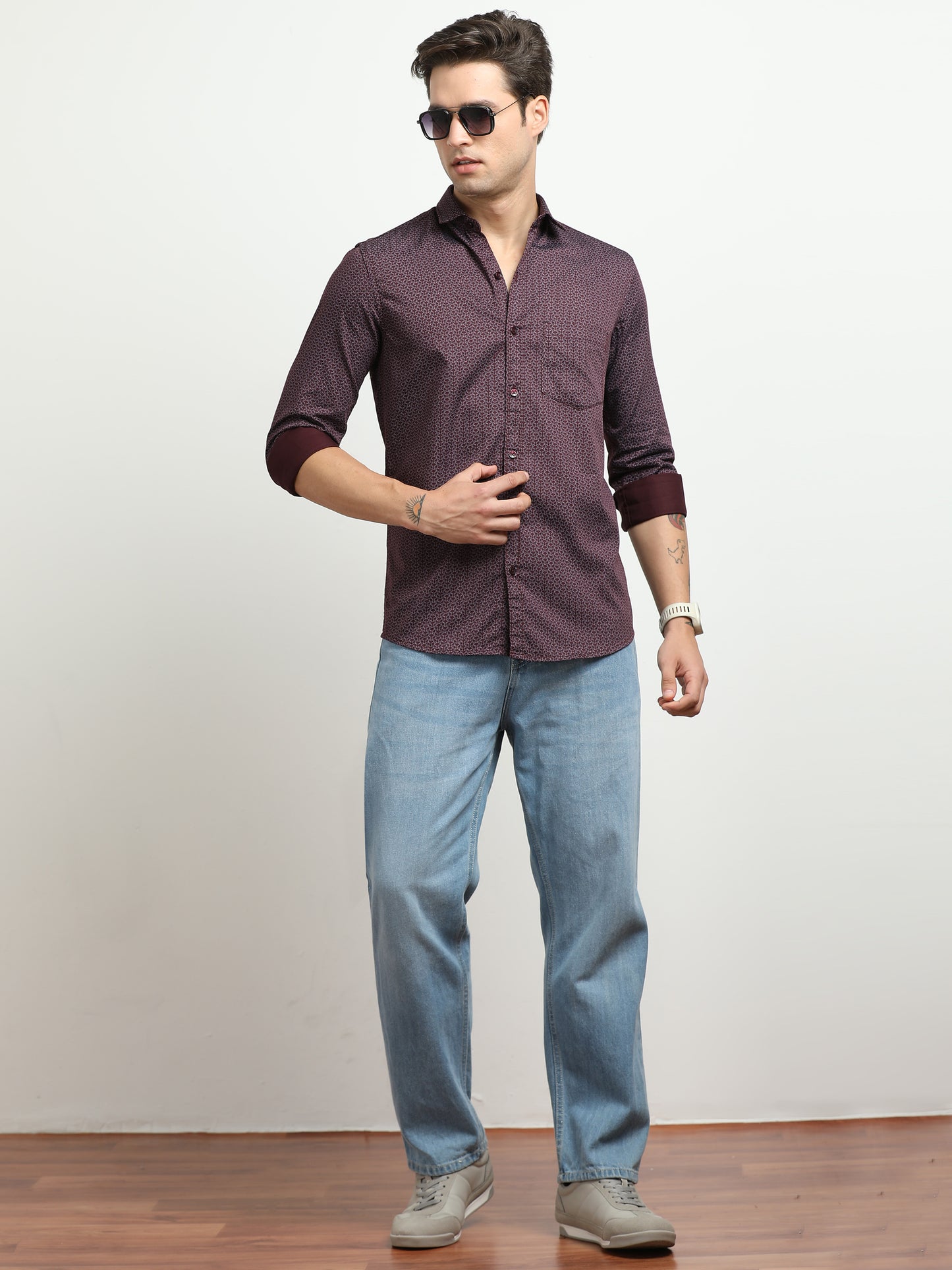 Men’s Wine Red Micro Printed Slim Fit Casual Shirt By Black Thread