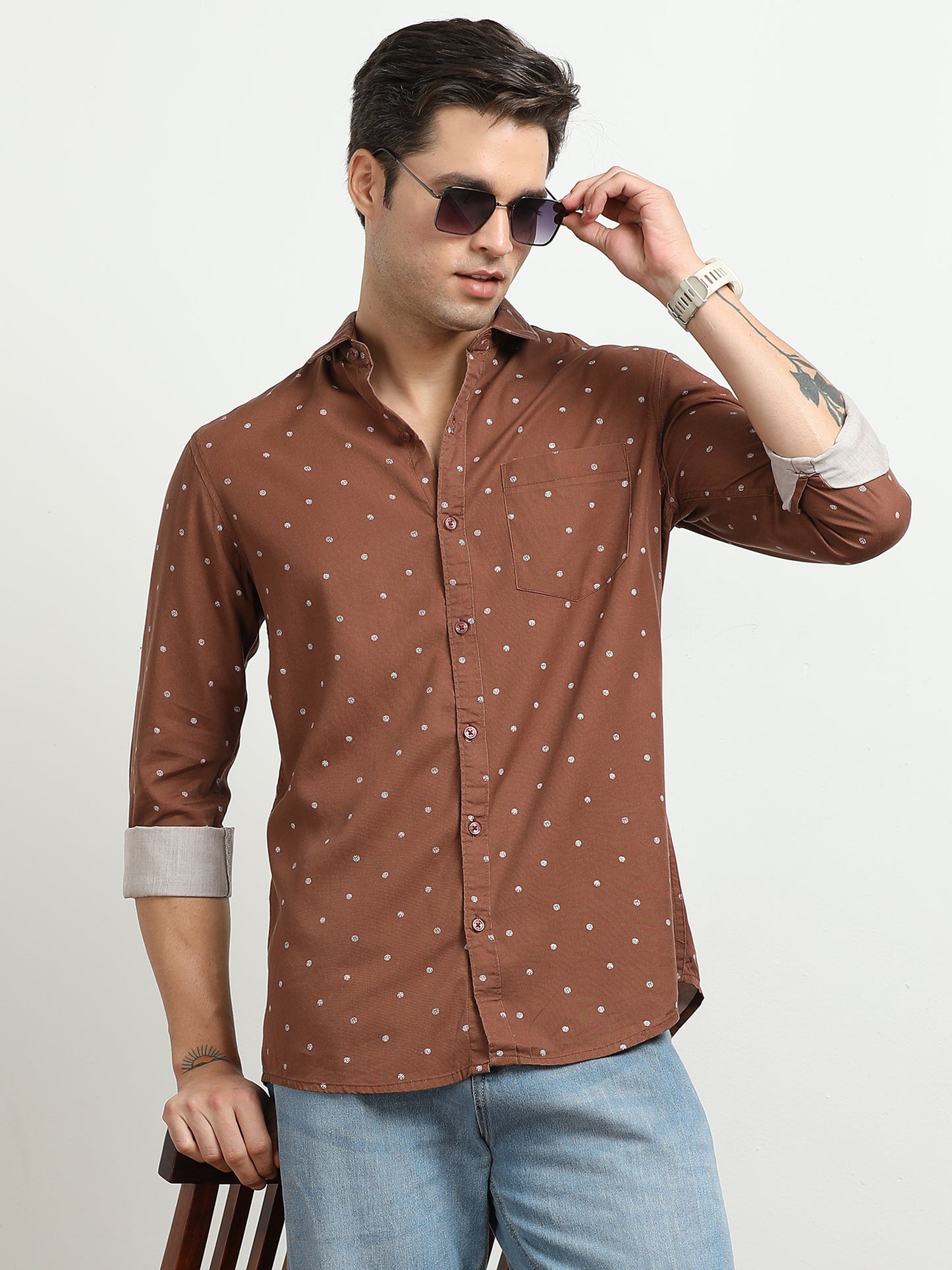 Men’s Brown Micro Printed Slim Fit Casual Shirt By Black Thread