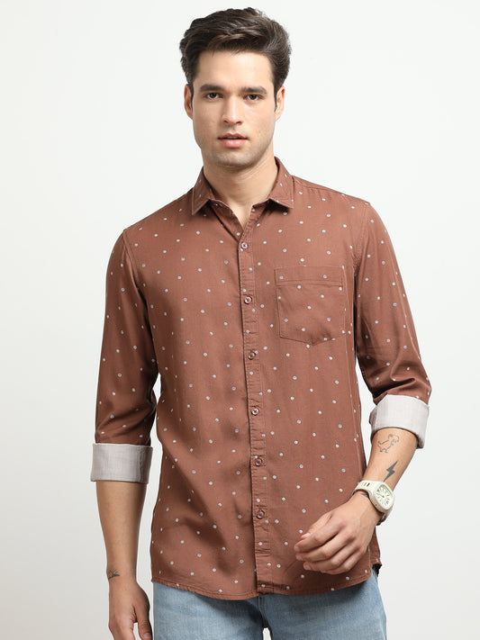 Men’s Brown Micro Printed Slim Fit Casual Shirt By Black Thread
